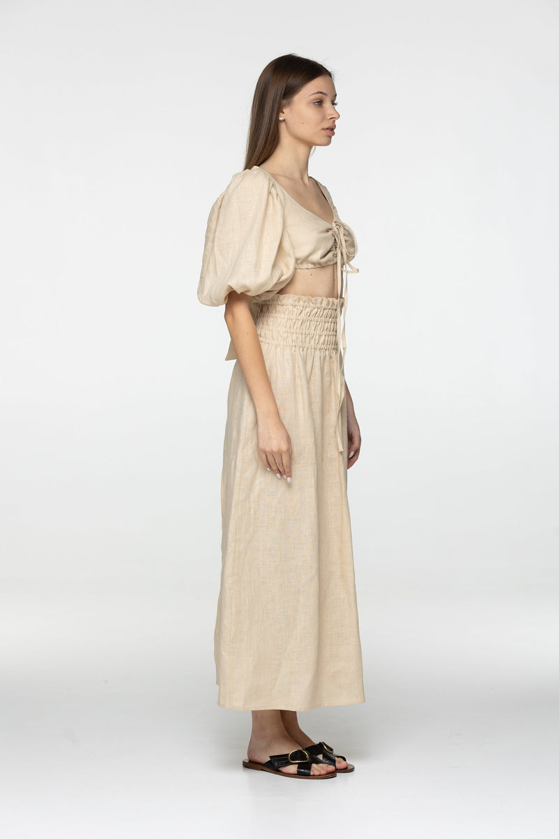 Oat linen set of wrap crop top and maxi skirt Kiara set Open back top with puffed sleeves loose high waist skirt Beige linen clothing