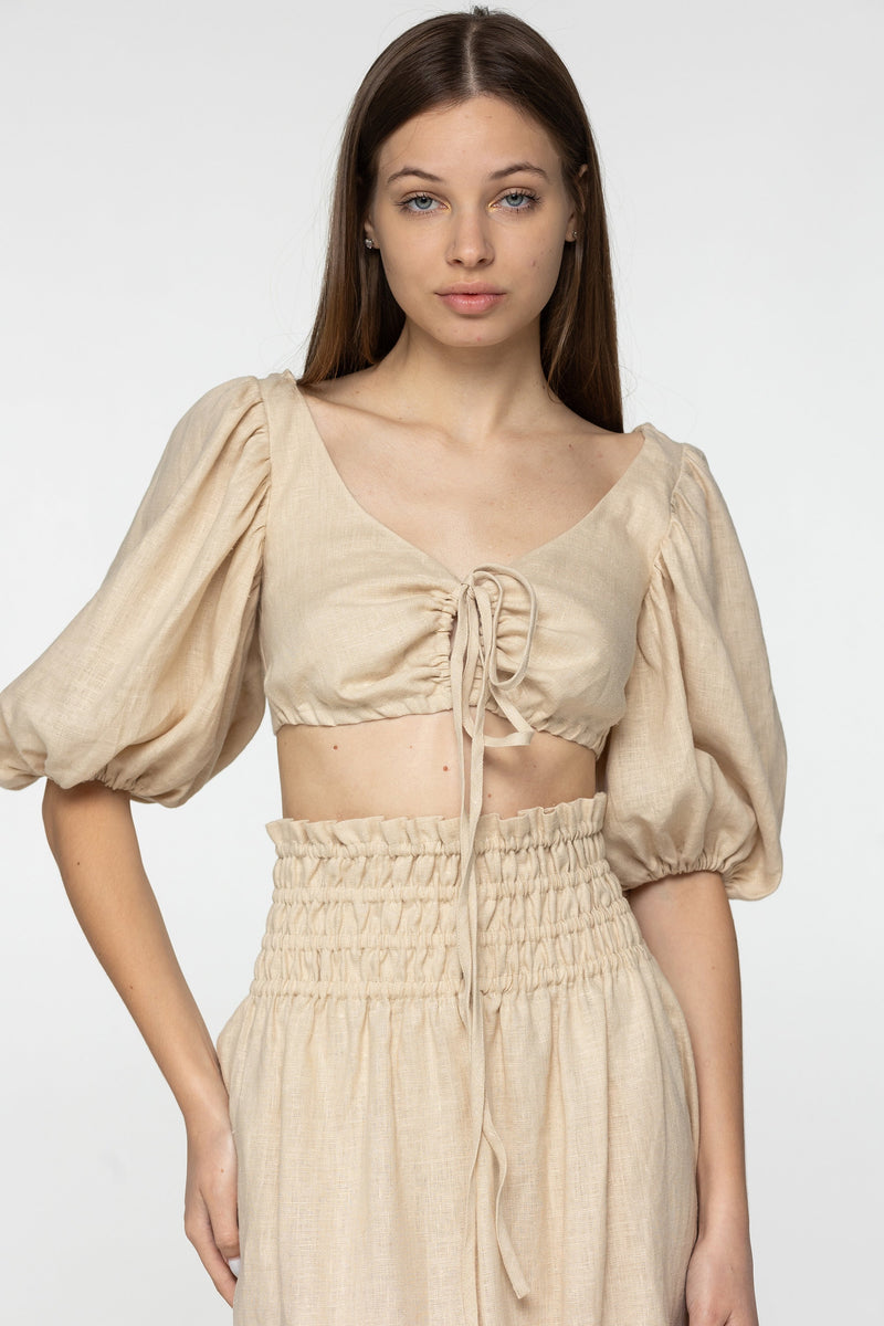 Oat linen set of wrap crop top and maxi skirt Kiara set Open back top with puffed sleeves loose high waist skirt Beige linen clothing