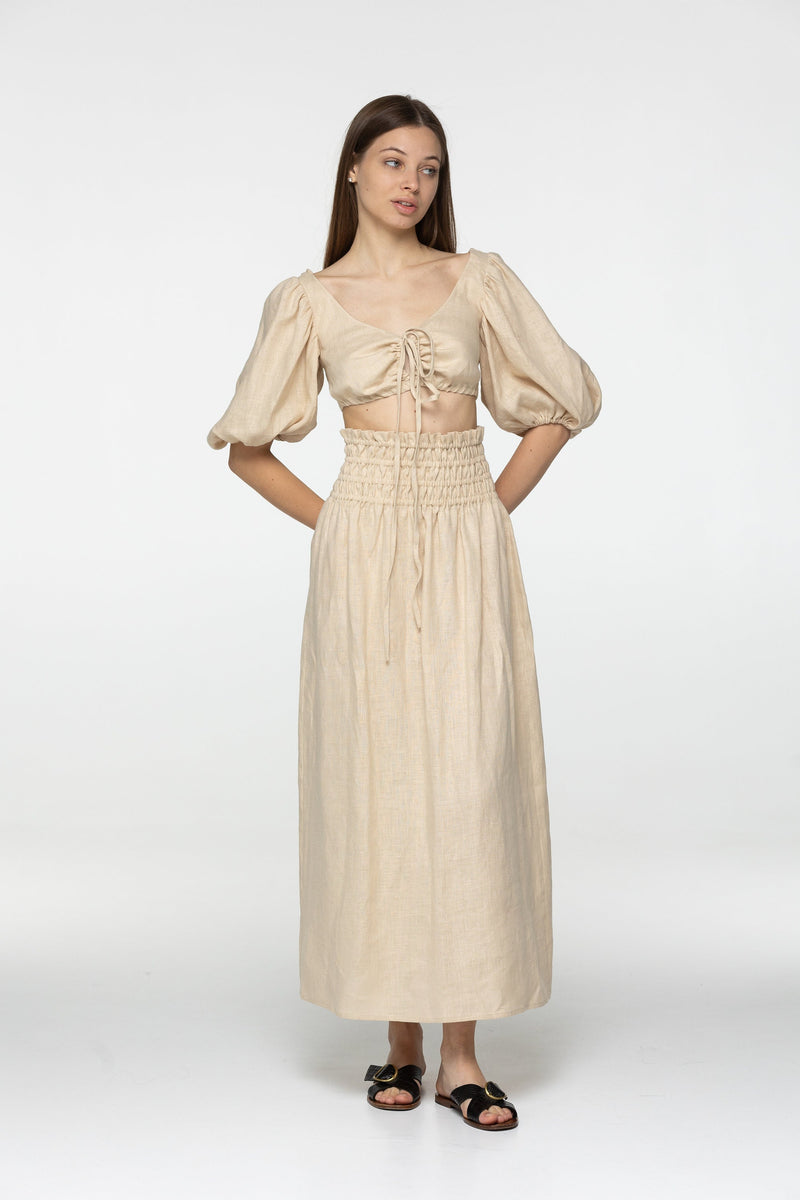 Oat linen set of wrap crop top and maxi skirt Kiara set Open back top with puffed sleeves loose high waist skirt Beige linen clothing