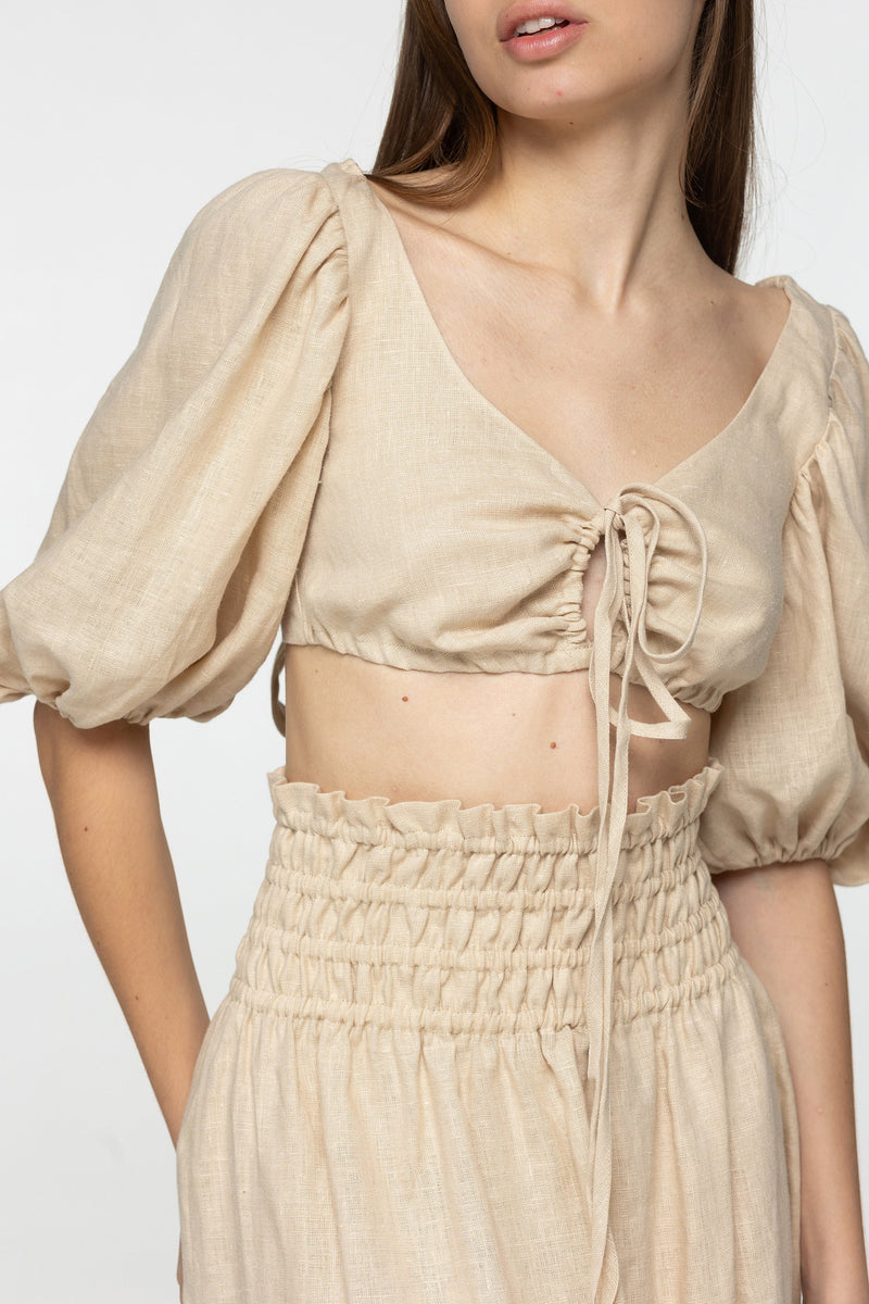 Oat linen set of wrap crop top and maxi skirt Kiara set Open back top with puffed sleeves loose high waist skirt Beige linen clothing