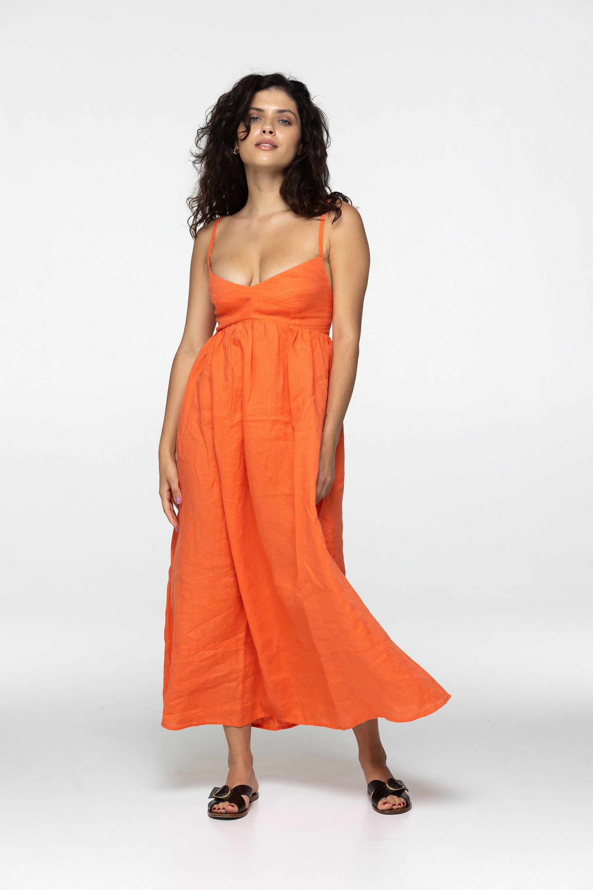Tangerine linen maxi slip dress Jane Long strap cami dress Simple basic summer dress Minimalist casual pure linen dress Custom size