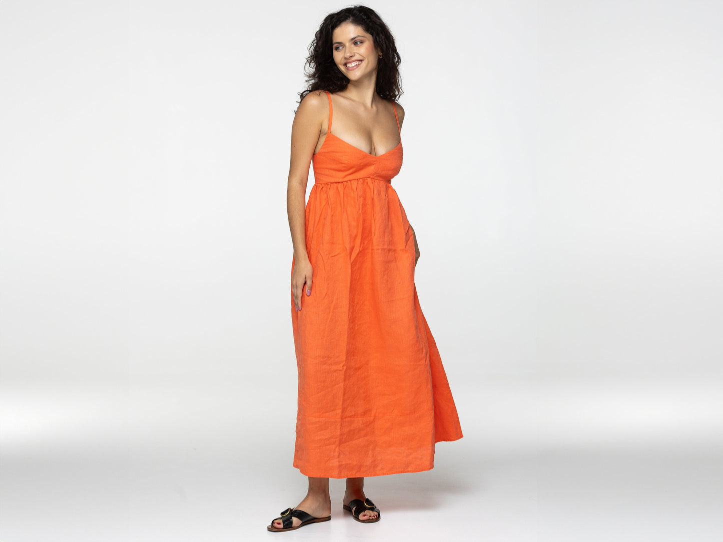 Tangerine linen maxi slip dress Jane Long strap cami dress Simple basic summer dress Minimalist casual pure linen dress Custom size