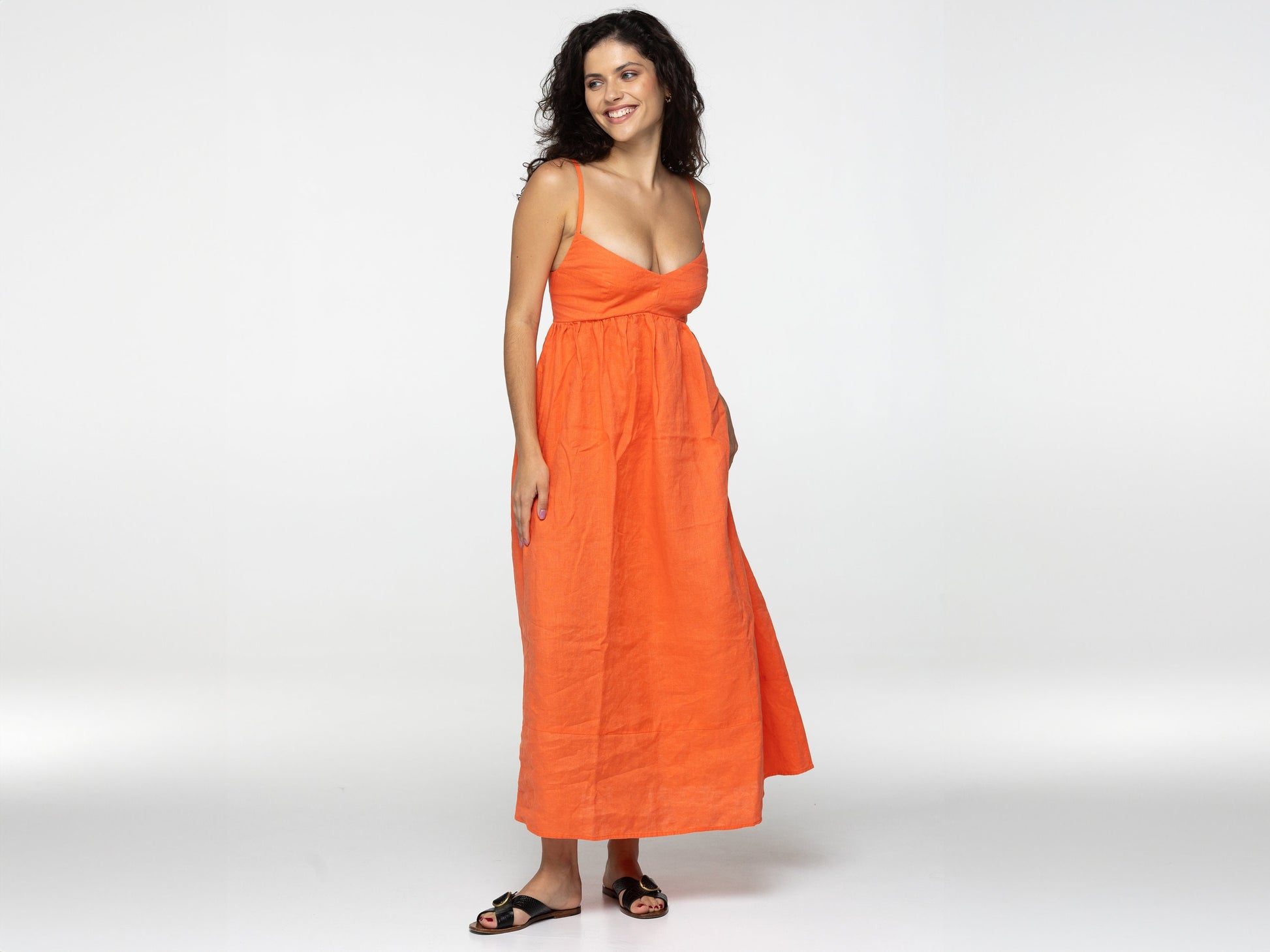 Tangerine linen maxi slip dress Jane Long strap cami dress Simple basic summer dress Minimalist casual pure linen dress Custom size