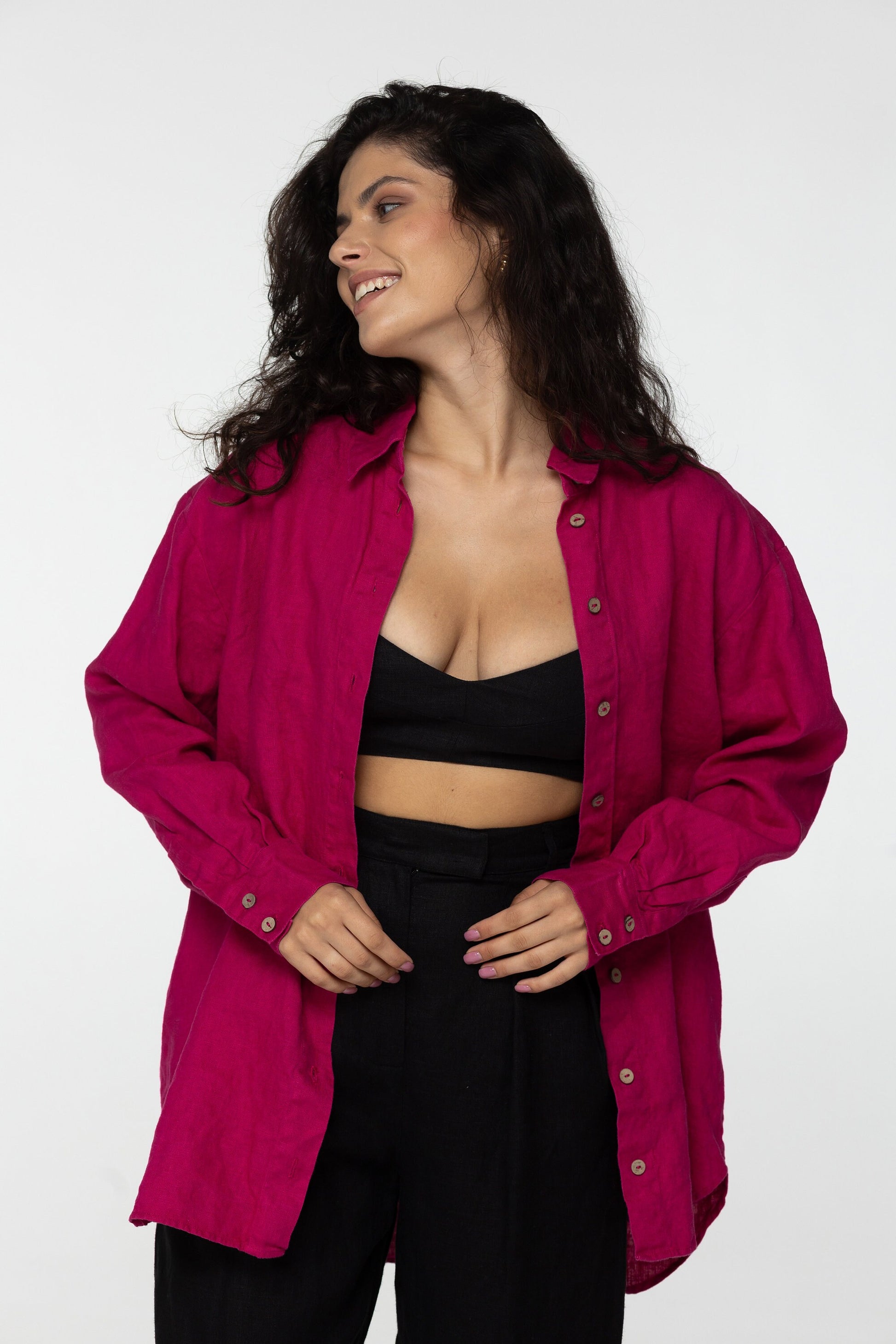 Fuchsia long sleeve linen shirt Kaia Casual oversized button down blouse Loose linen blouse Coconut buttons Mom gift Custom sizes