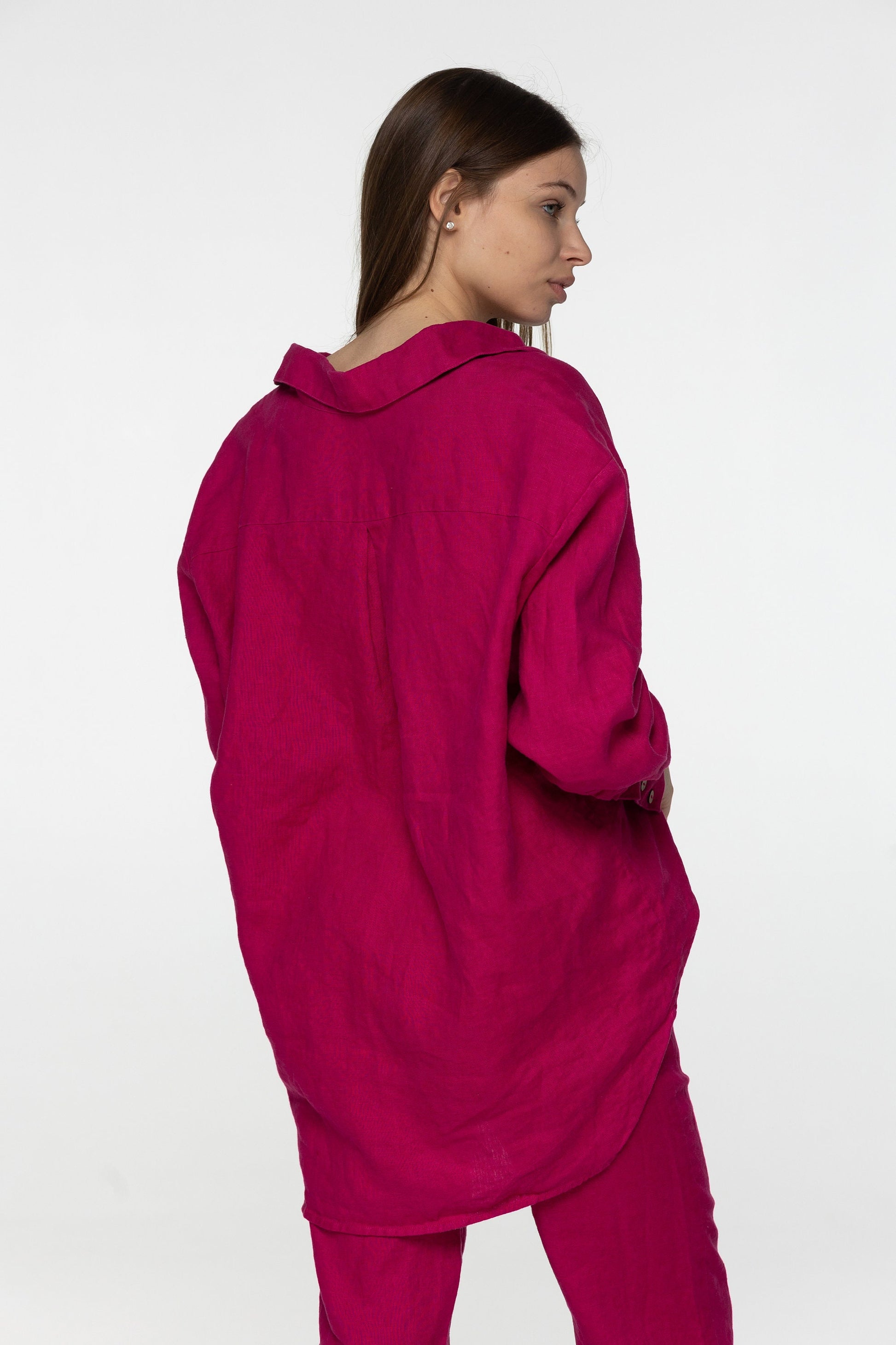 Fuchsia long sleeve linen shirt Kaia Casual oversized button down blouse Loose linen blouse Coconut buttons Mom gift Custom sizes