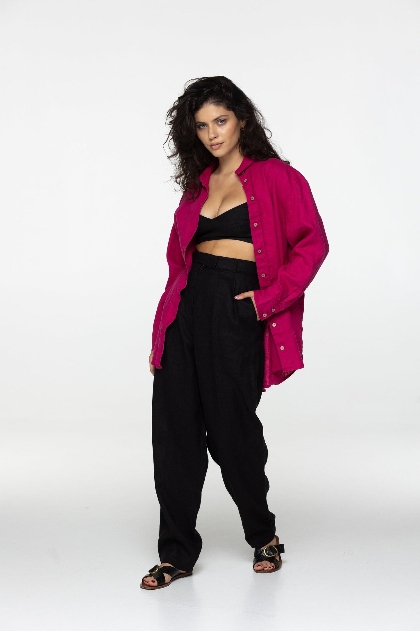 Fuchsia long sleeve linen shirt Kaia Casual oversized button down blouse Loose linen blouse Coconut buttons Mom gift Custom sizes