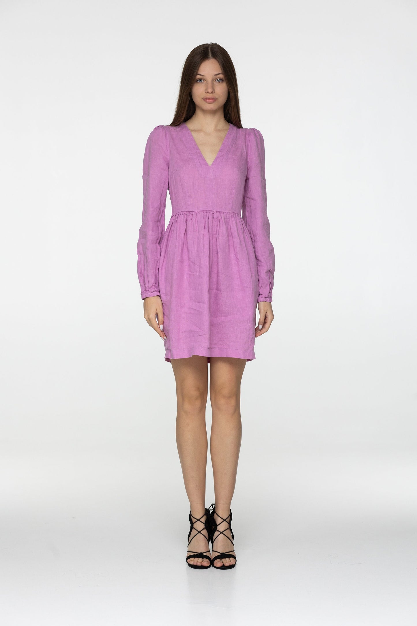 Flamingo linen mini dress Sophia Linen v neck long lantern sleeves romantic style dress Short pink linen dress with pockets Plus sizes