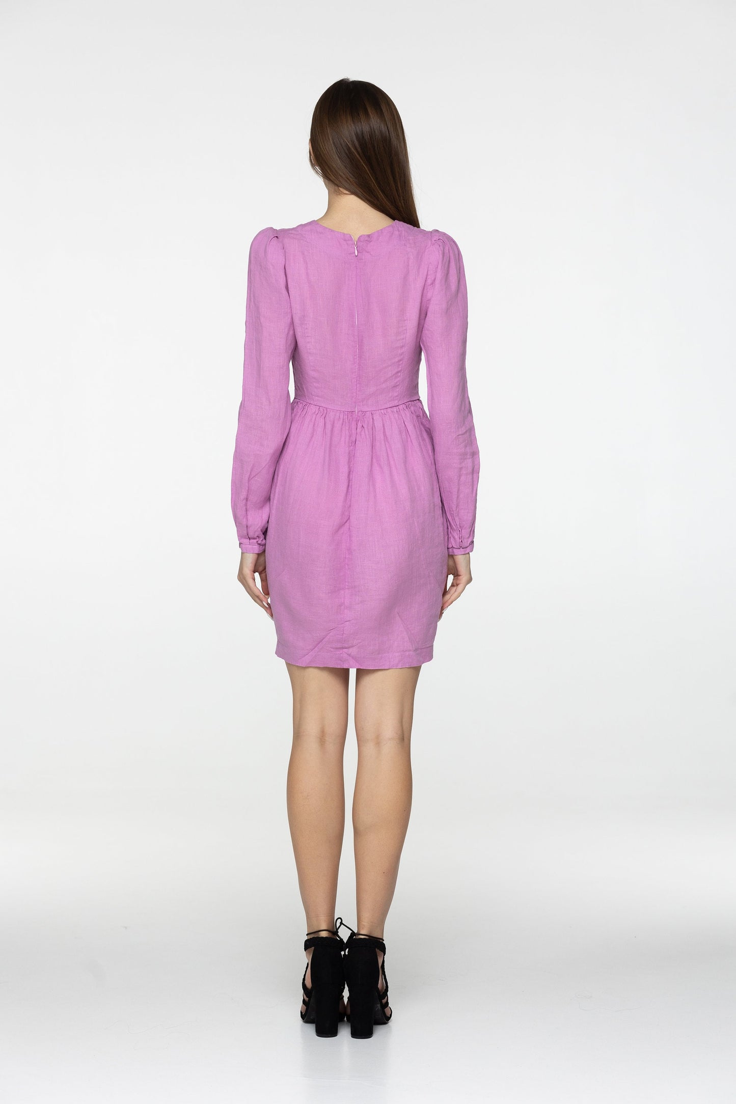 Flamingo linen mini dress Sophia Linen v neck long lantern sleeves romantic style dress Short pink linen dress with pockets Plus sizes