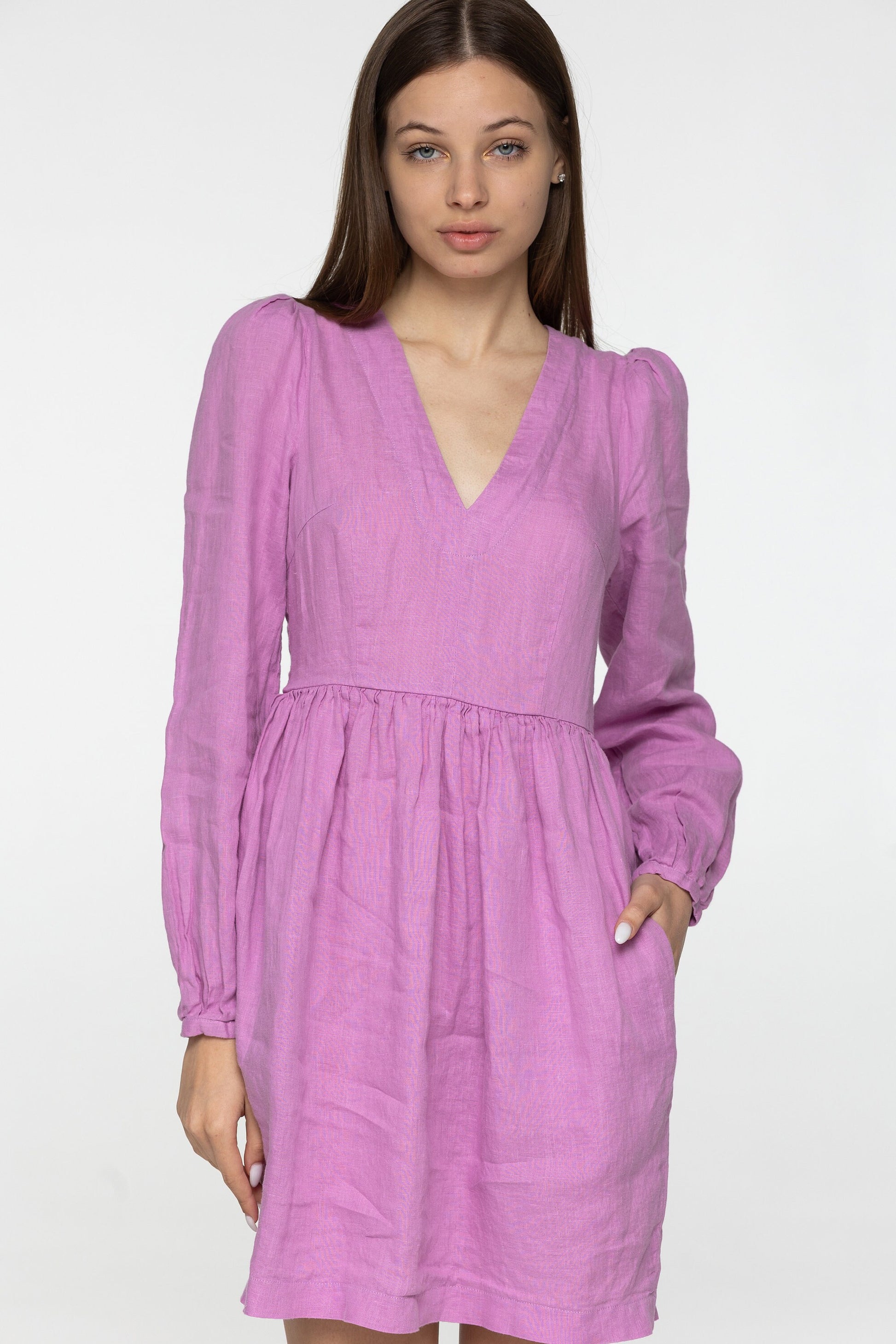 Flamingo linen mini dress Sophia Linen v neck long lantern sleeves romantic style dress Short pink linen dress with pockets Plus sizes