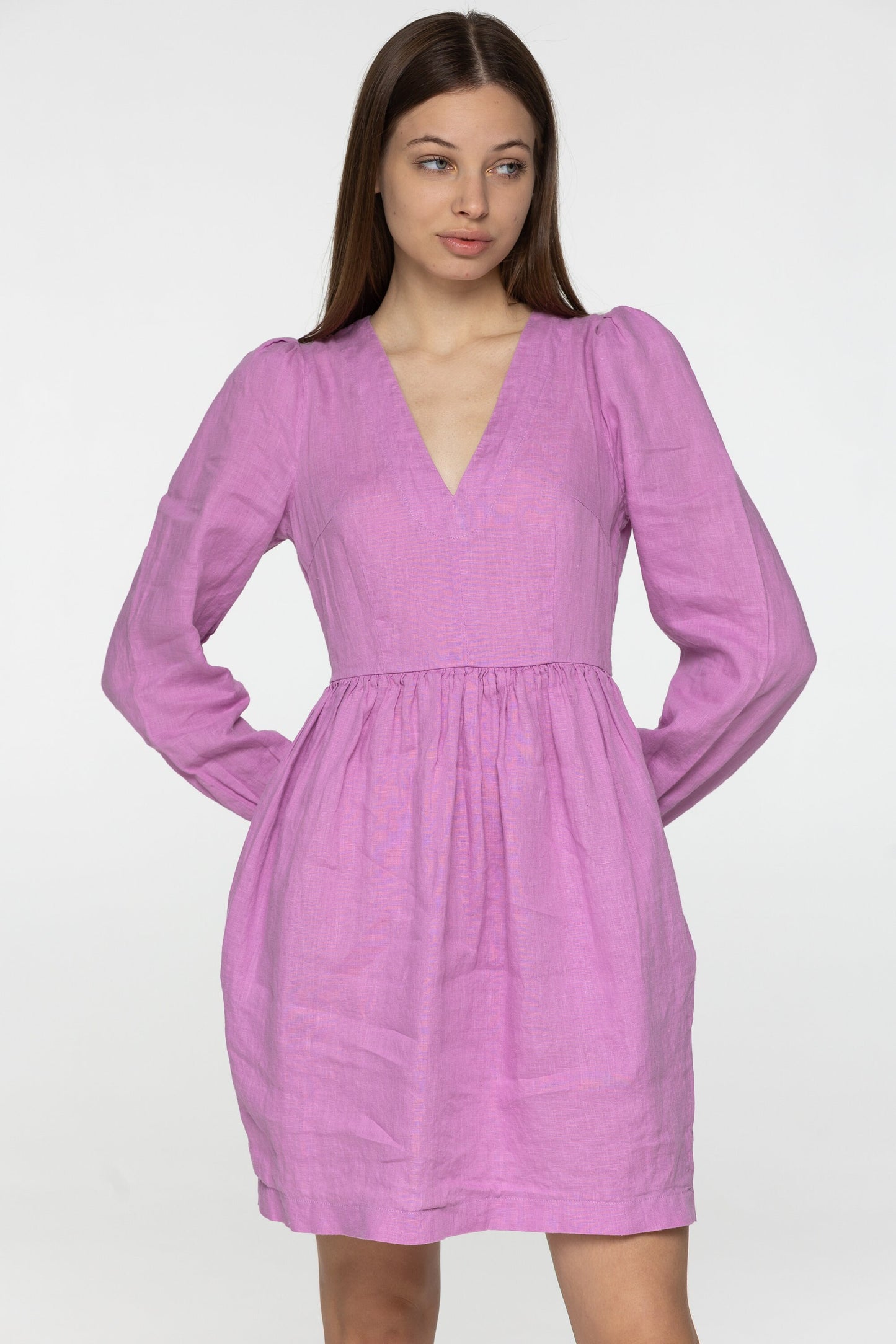 Flamingo linen mini dress Sophia Linen v neck long lantern sleeves romantic style dress Short pink linen dress with pockets Plus sizes