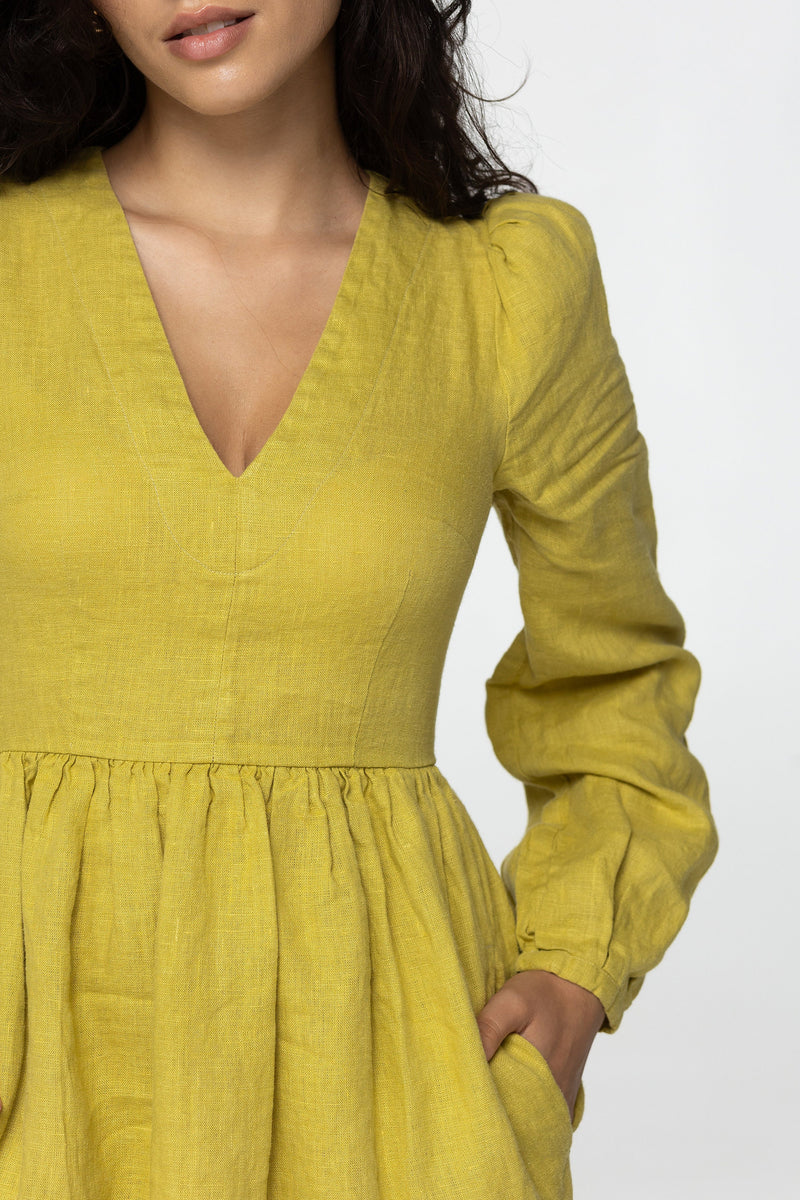 Lemon linen mini dress Sophia Linen v neck long lantern sleeves romantic style dress Short green linen dress with pockets Plus sizes