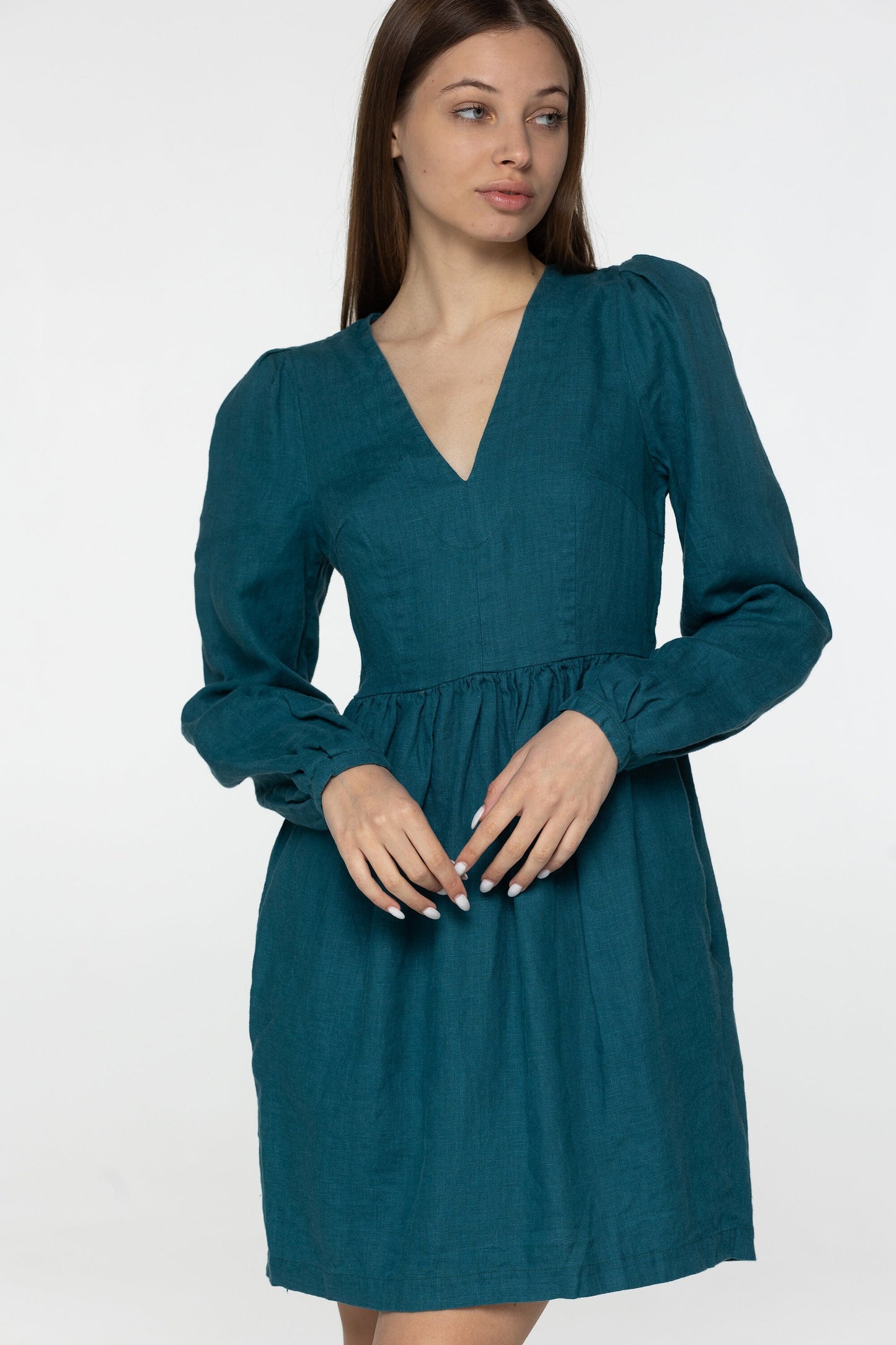 Teal linen mini dress Sophia Linen v neck long lantern sleeves romantic style dress Short blue linen dress with pockets Plus sizes