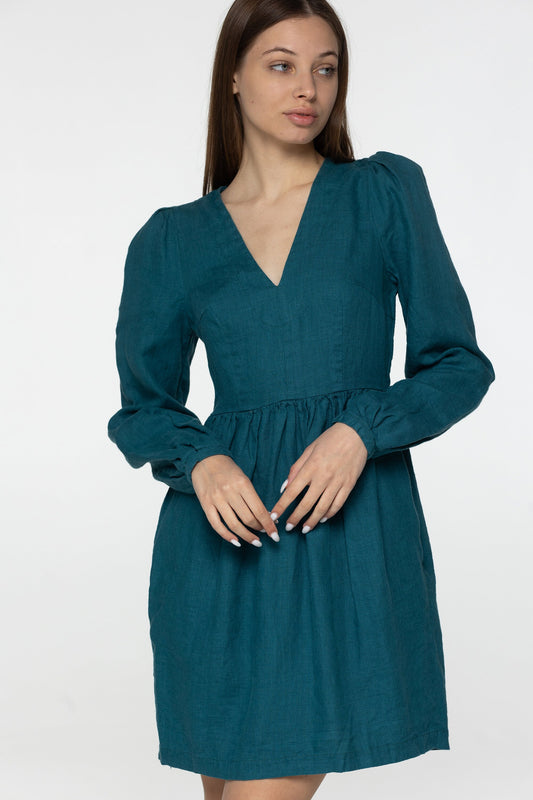 Teal linen mini dress Sophia Linen v neck long lantern sleeves romantic style dress Short blue linen dress with pockets Plus sizes