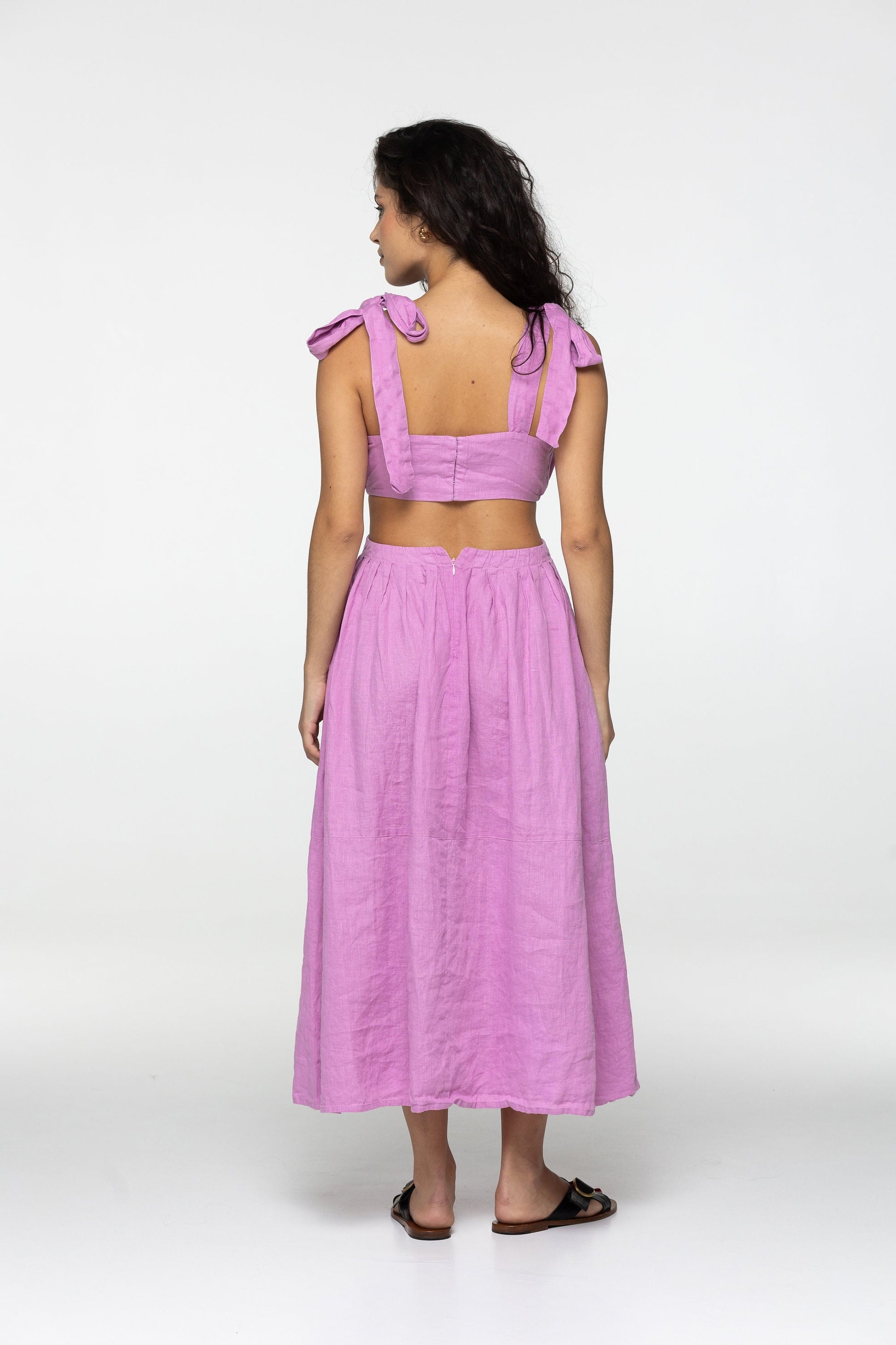 Flamingo linen dress Amelia Plunging neckline open back long linen dress with ties Romantic pink linen dress with pockets Custom size