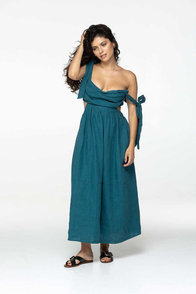 Teal linen dress Amelia Plunging neckline open back long linen dress with ties Romantic blue linen dress with pockets Custom size