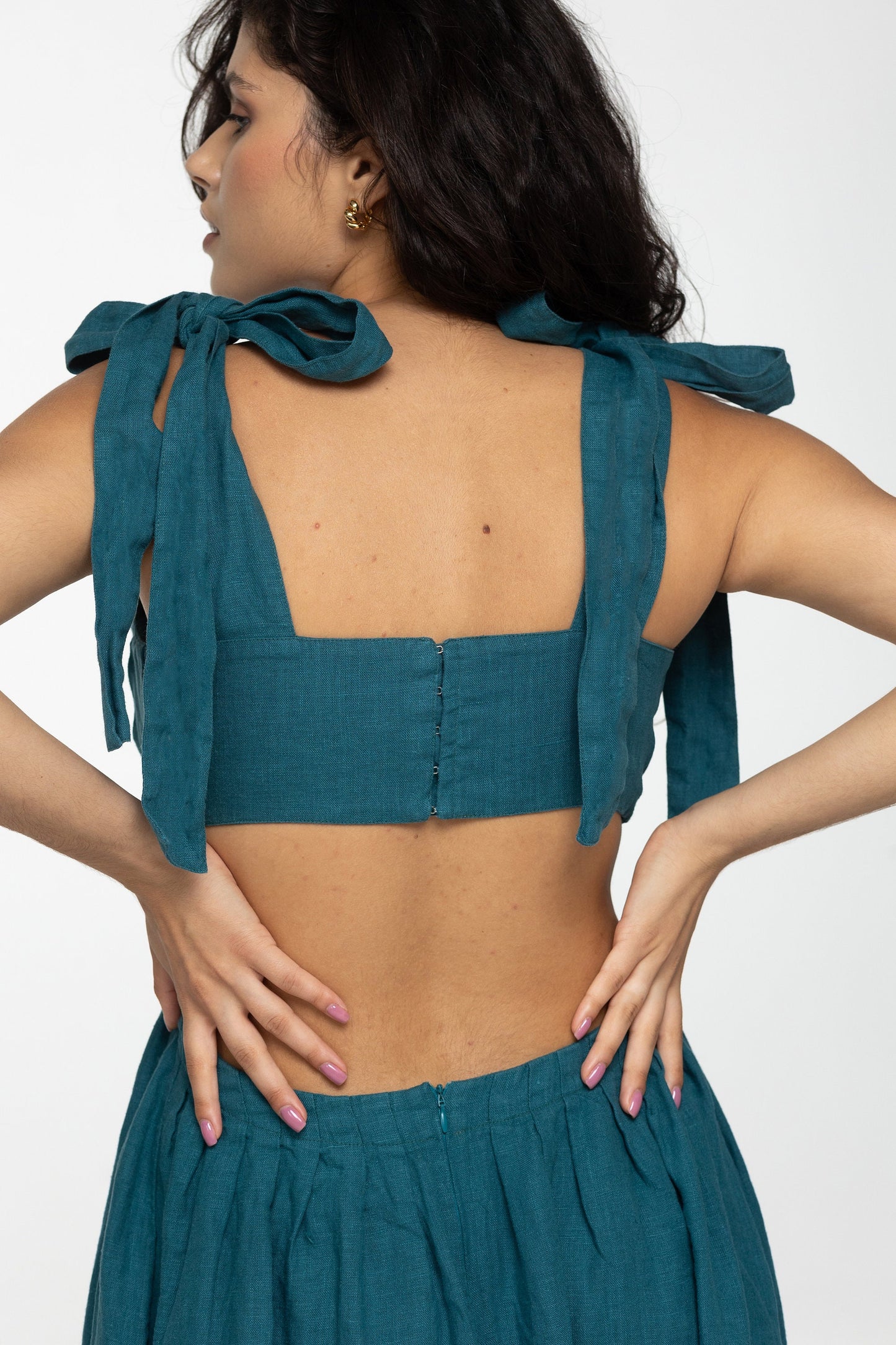 Teal linen dress Amelia Plunging neckline open back long linen dress with ties Romantic blue linen dress with pockets Custom size