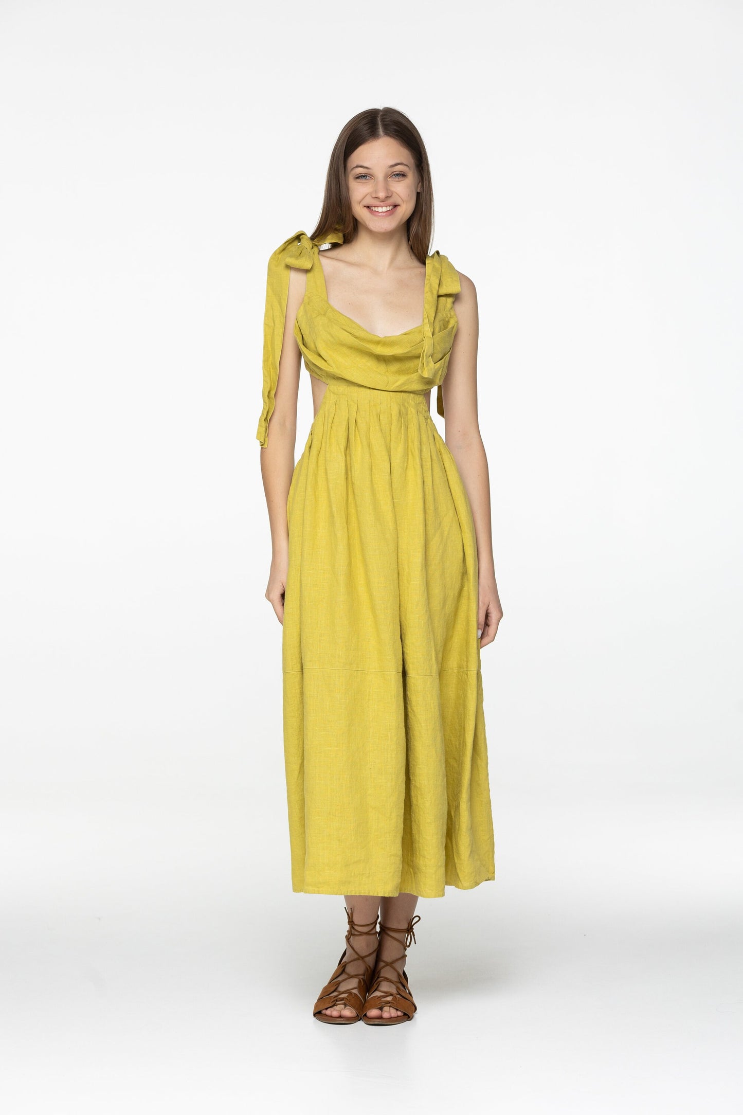 Lemon linen dress Amelia Plunging neckline open back long linen dress with ties Romantic yellow linen dress with pockets Custom size