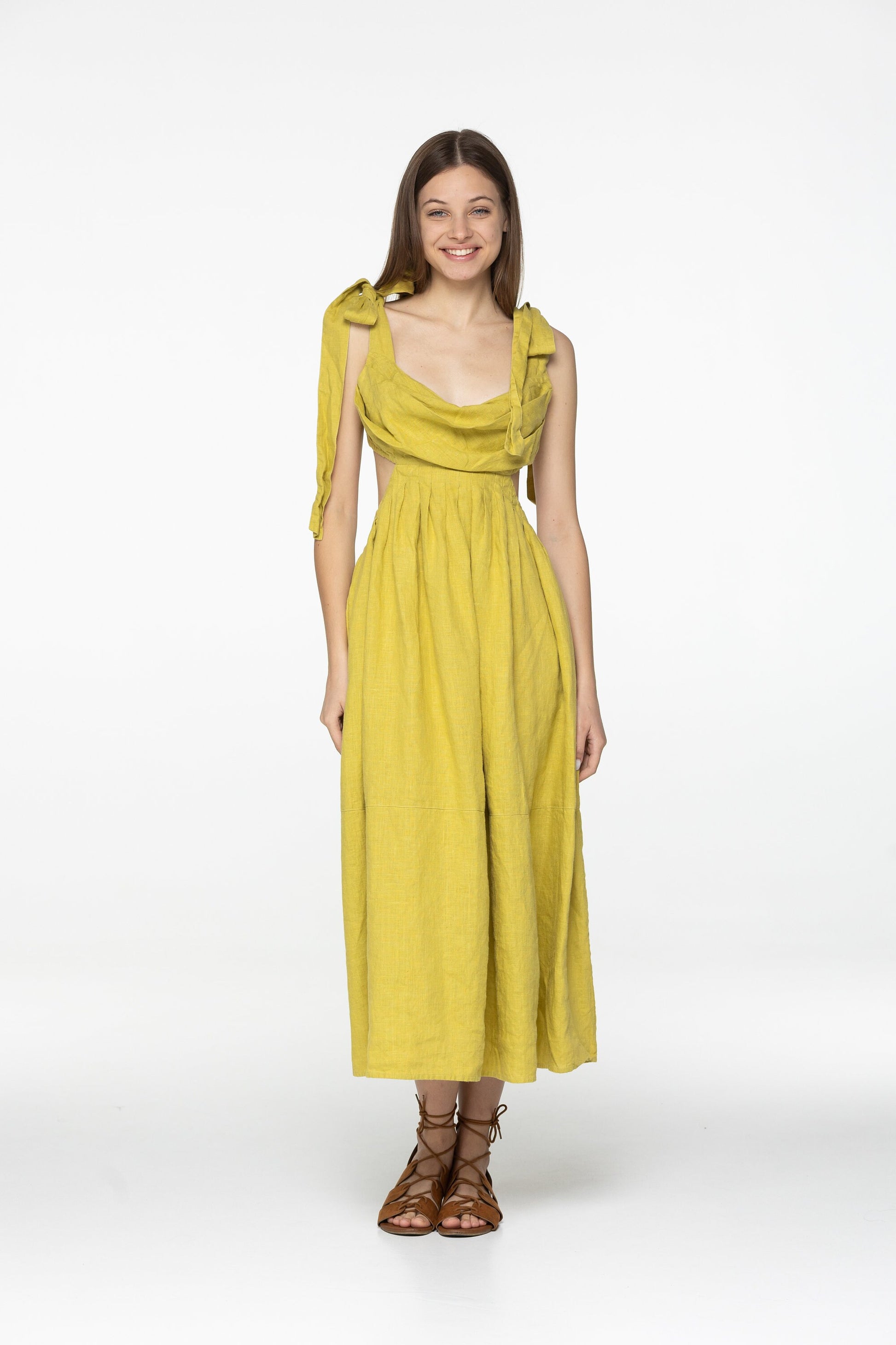 Lemon linen dress Amelia Plunging neckline open back long linen dress with ties Romantic yellow linen dress with pockets Custom size