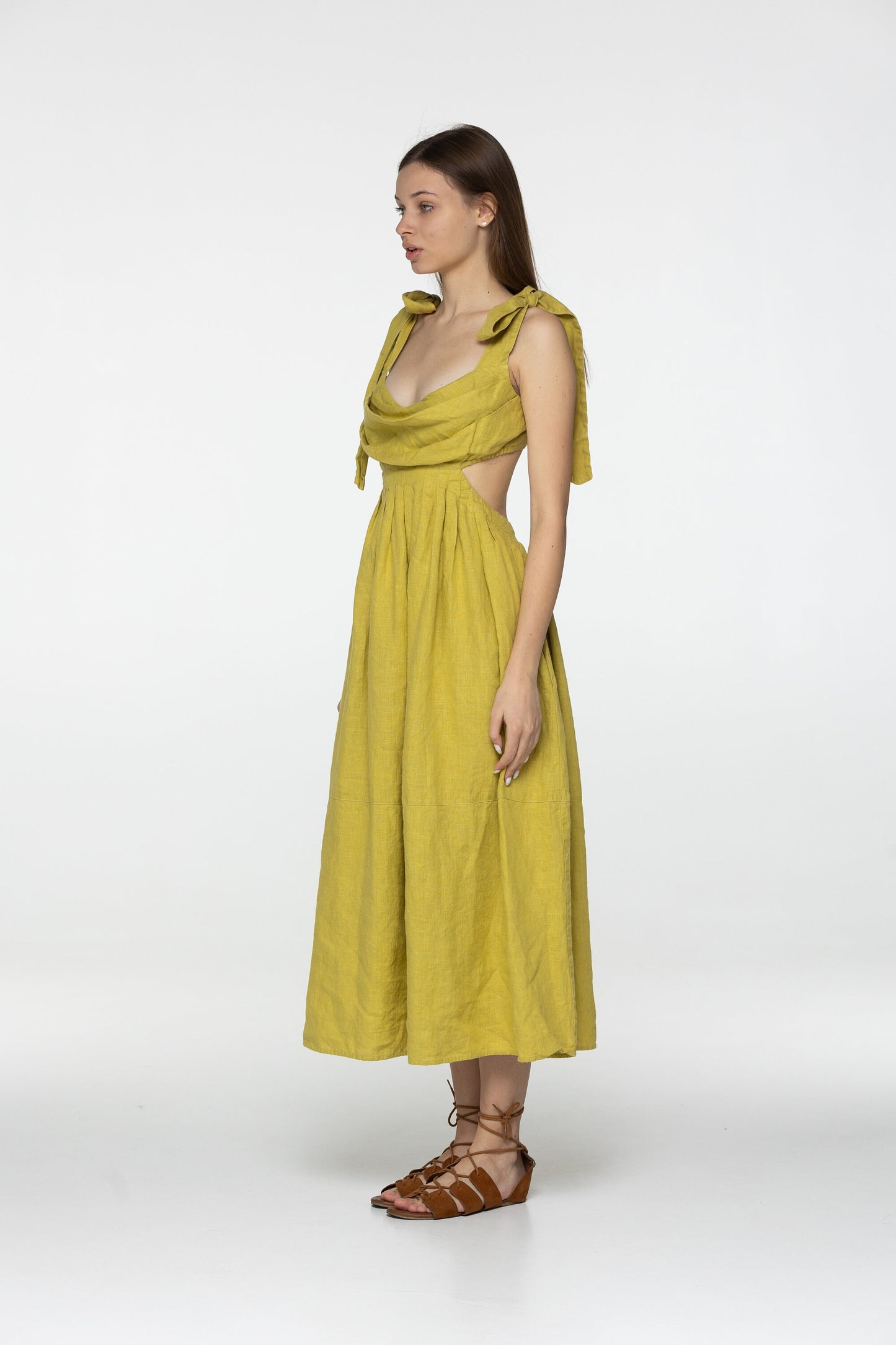 Lemon linen dress Amelia Plunging neckline open back long linen dress with ties Romantic yellow linen dress with pockets Custom size