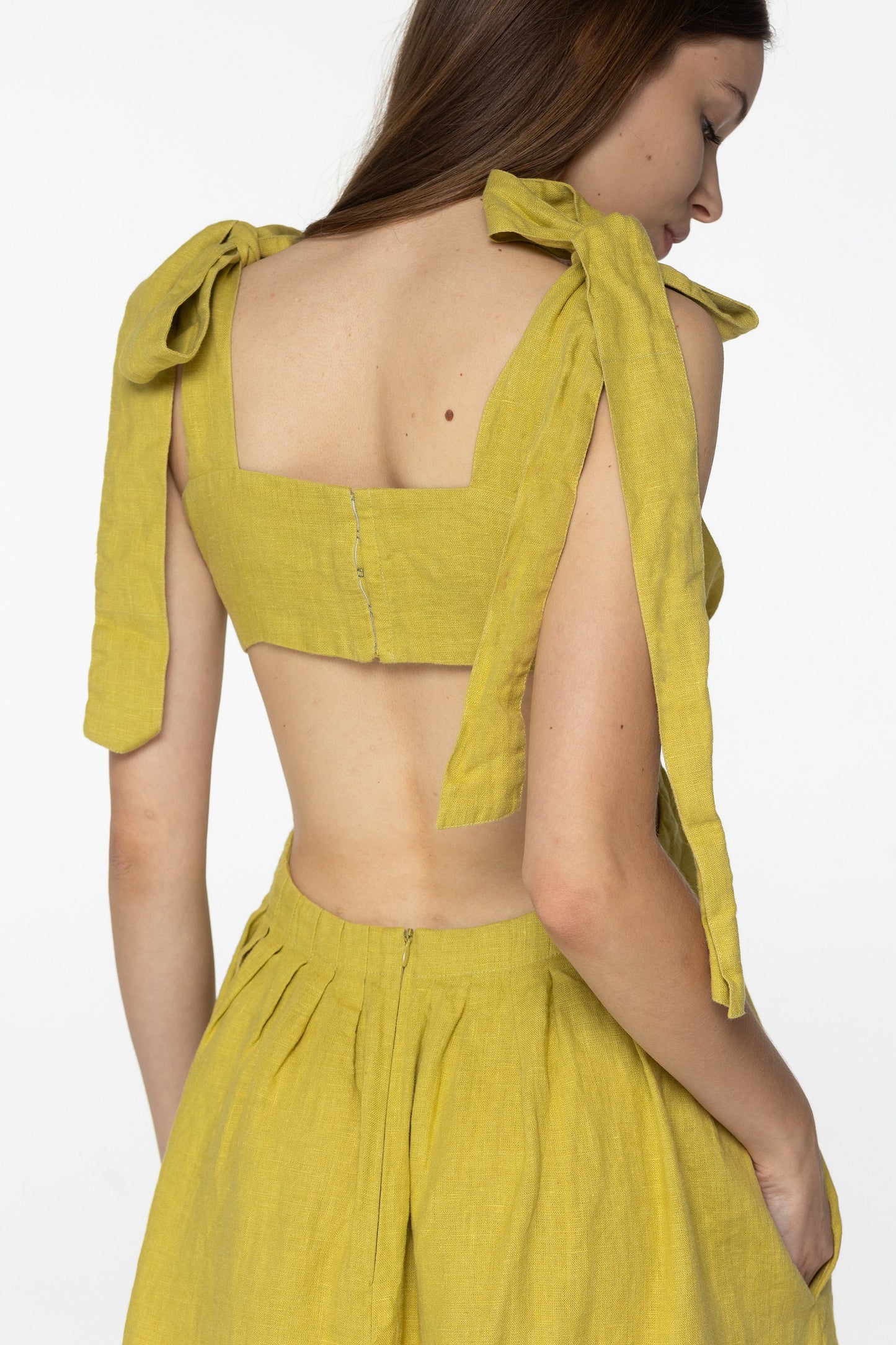 Lemon linen dress Amelia Plunging neckline open back long linen dress with ties Romantic yellow linen dress with pockets Custom size