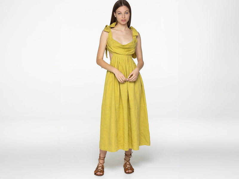 Lemon linen dress Amelia Plunging neckline open back long linen dress with ties Romantic yellow linen dress with pockets Custom size