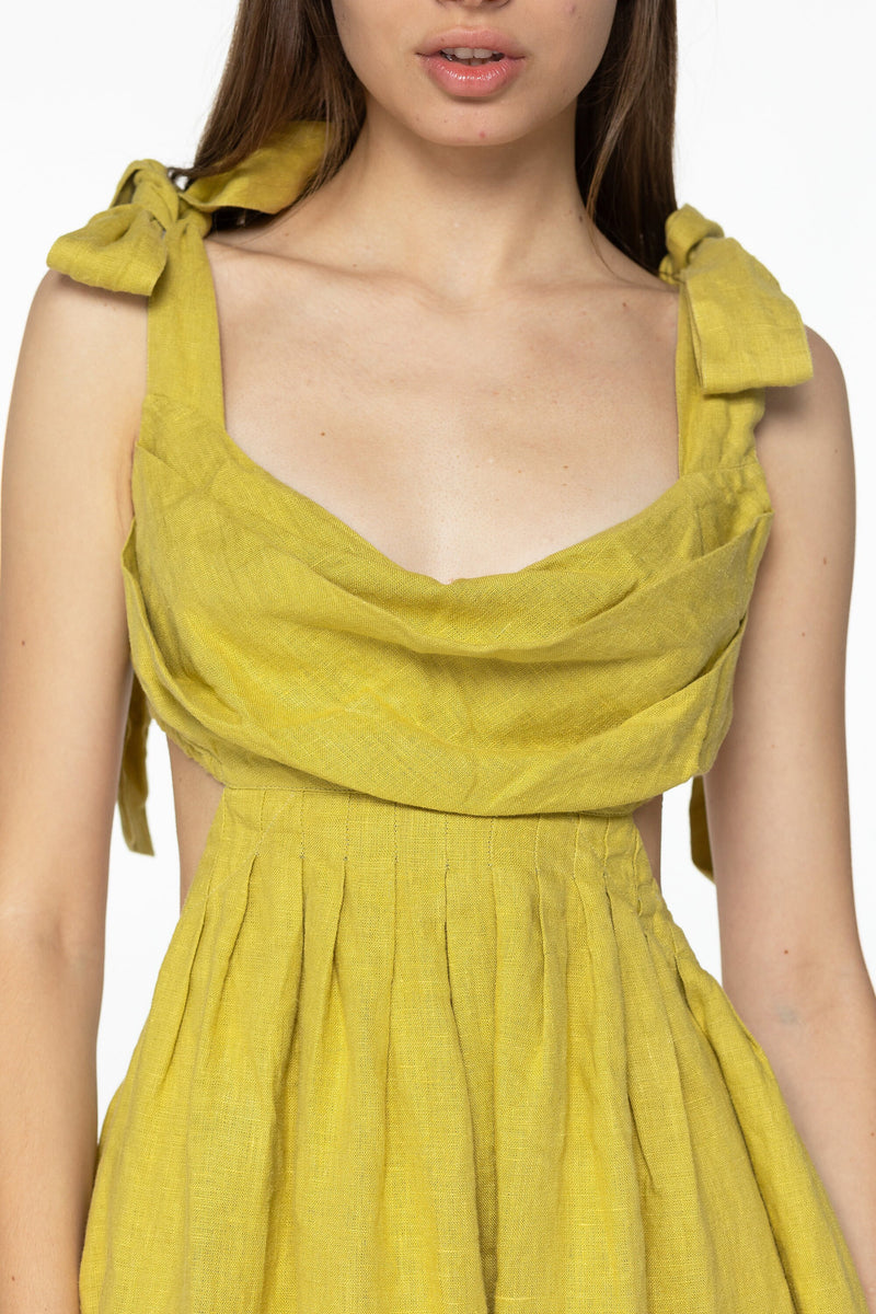 Lemon linen dress Amelia Plunging neckline open back long linen dress with ties Romantic yellow linen dress with pockets Custom size