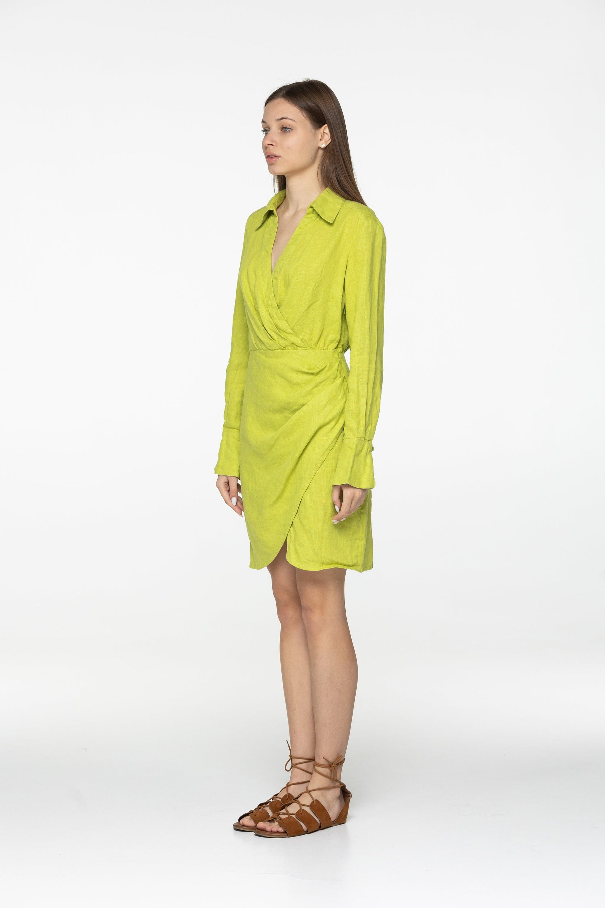 Lime linen mini dress Scarlett Linen v neck long shirt sleeves blouse style dress Short green linen dress wrap looking Plus sizes
