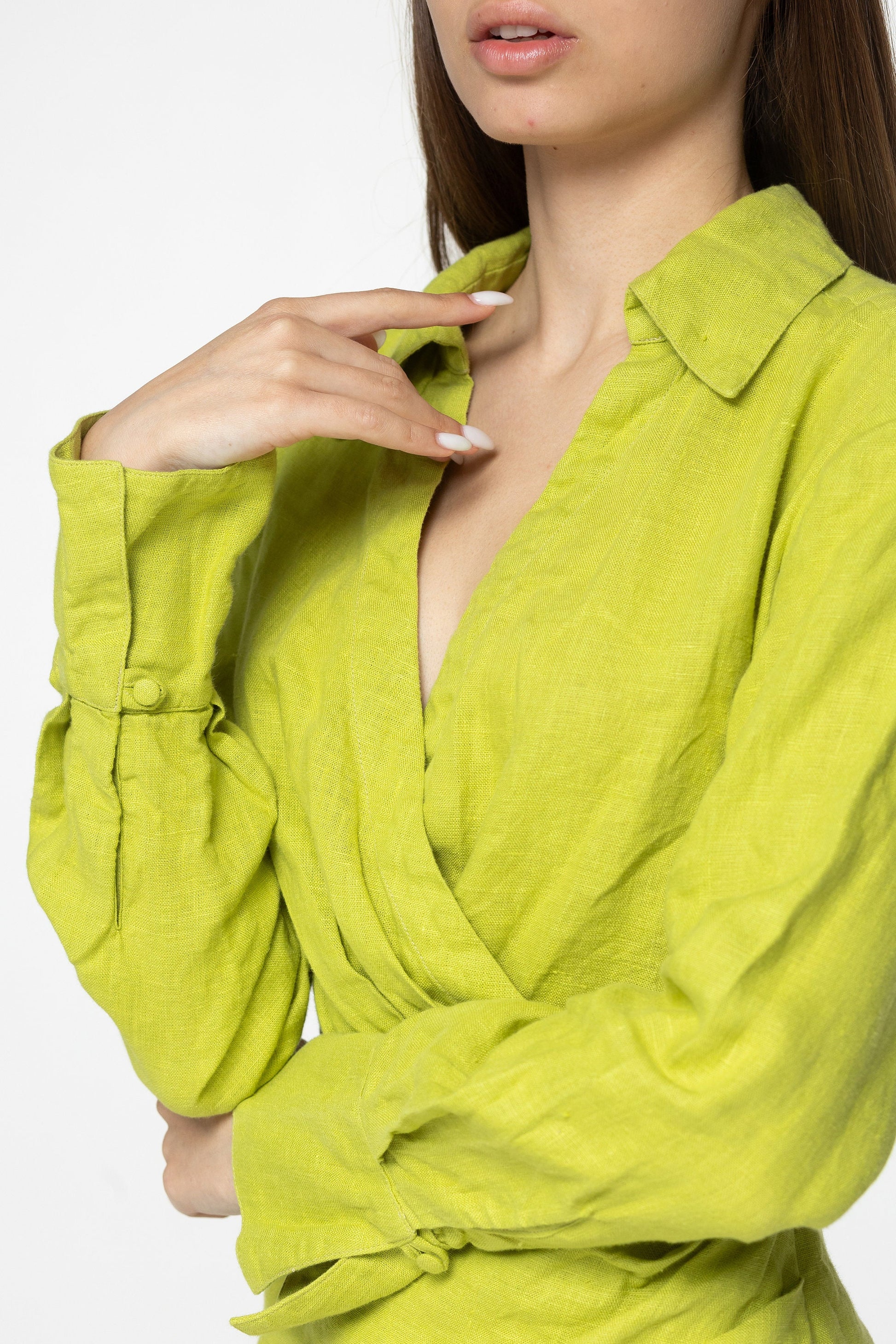 Lime linen mini dress Scarlett Linen v neck long shirt sleeves blouse style dress Short green linen dress wrap looking Plus sizes