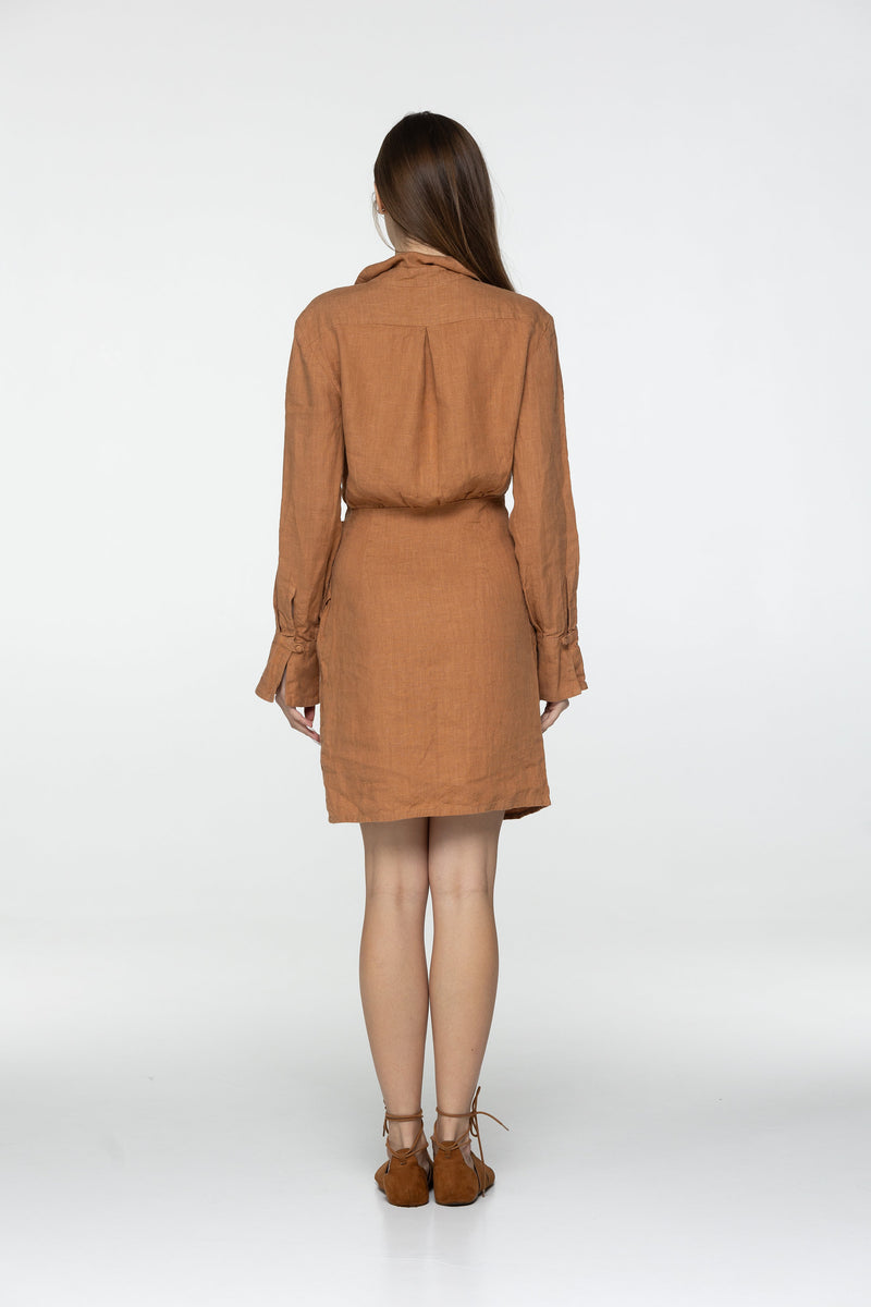 Almond linen mini dress Scarlett Linen v neck long shirt sleeves blouse style dress Short brown linen dress wrap looking Plus sizes