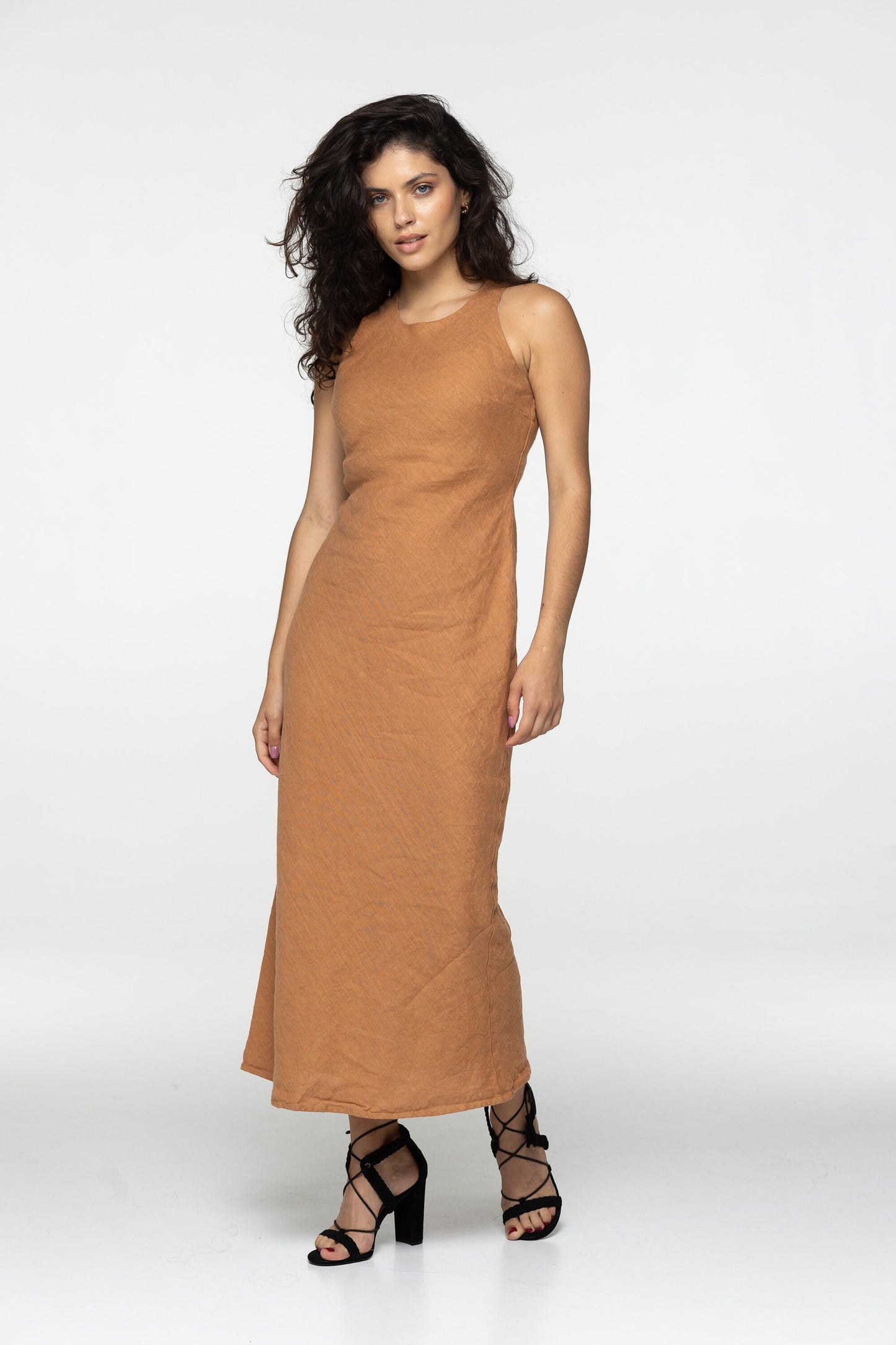 Almond linen midi slip dress Luna Long simple camisole dress Simple basic summer dress Minimalist casual pure linen dress Custom size