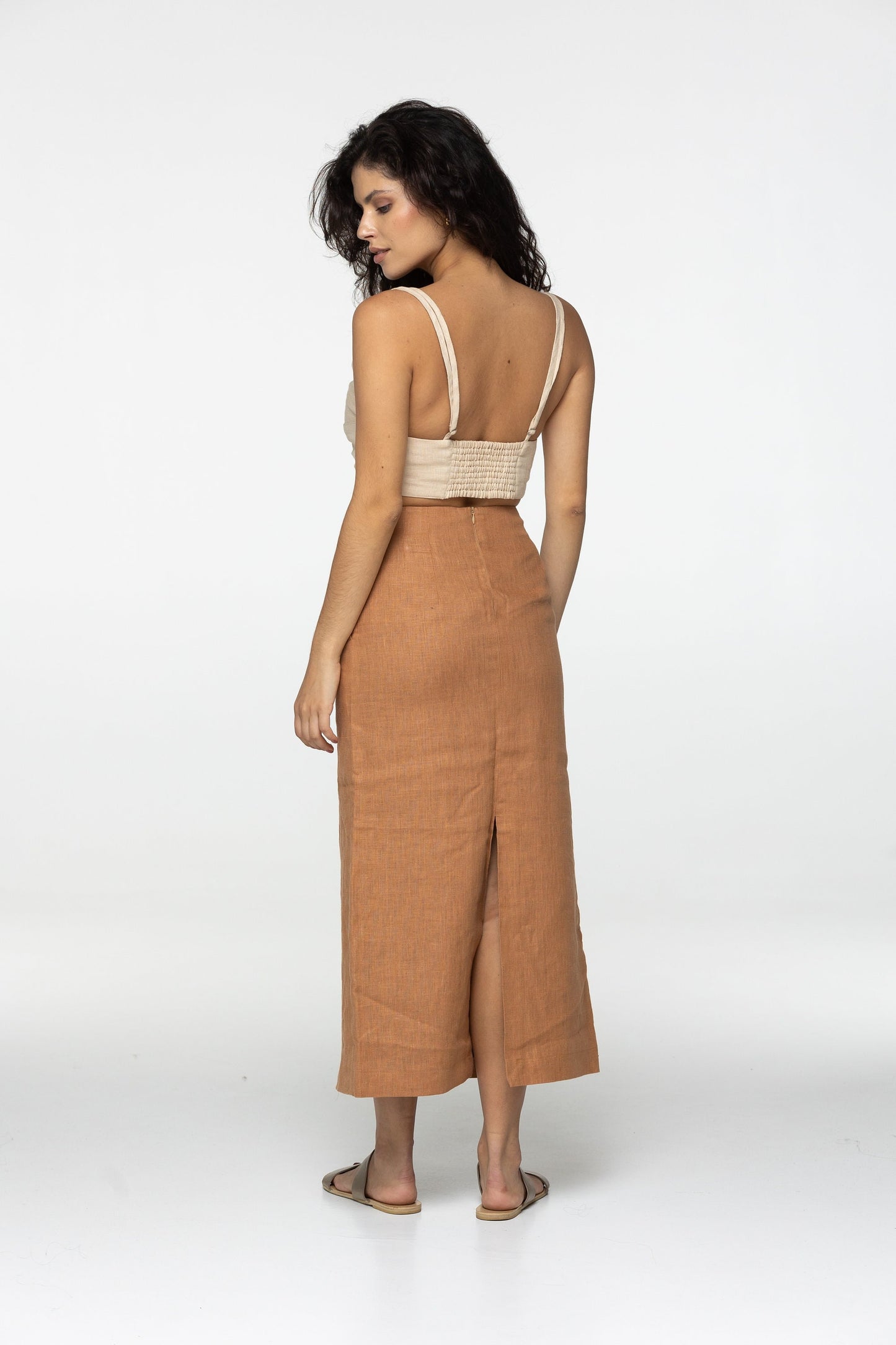 Fitted almond linen maxi skirt Brigit with zipper Slim high waist office linen skirts with back slit Custom Plus size