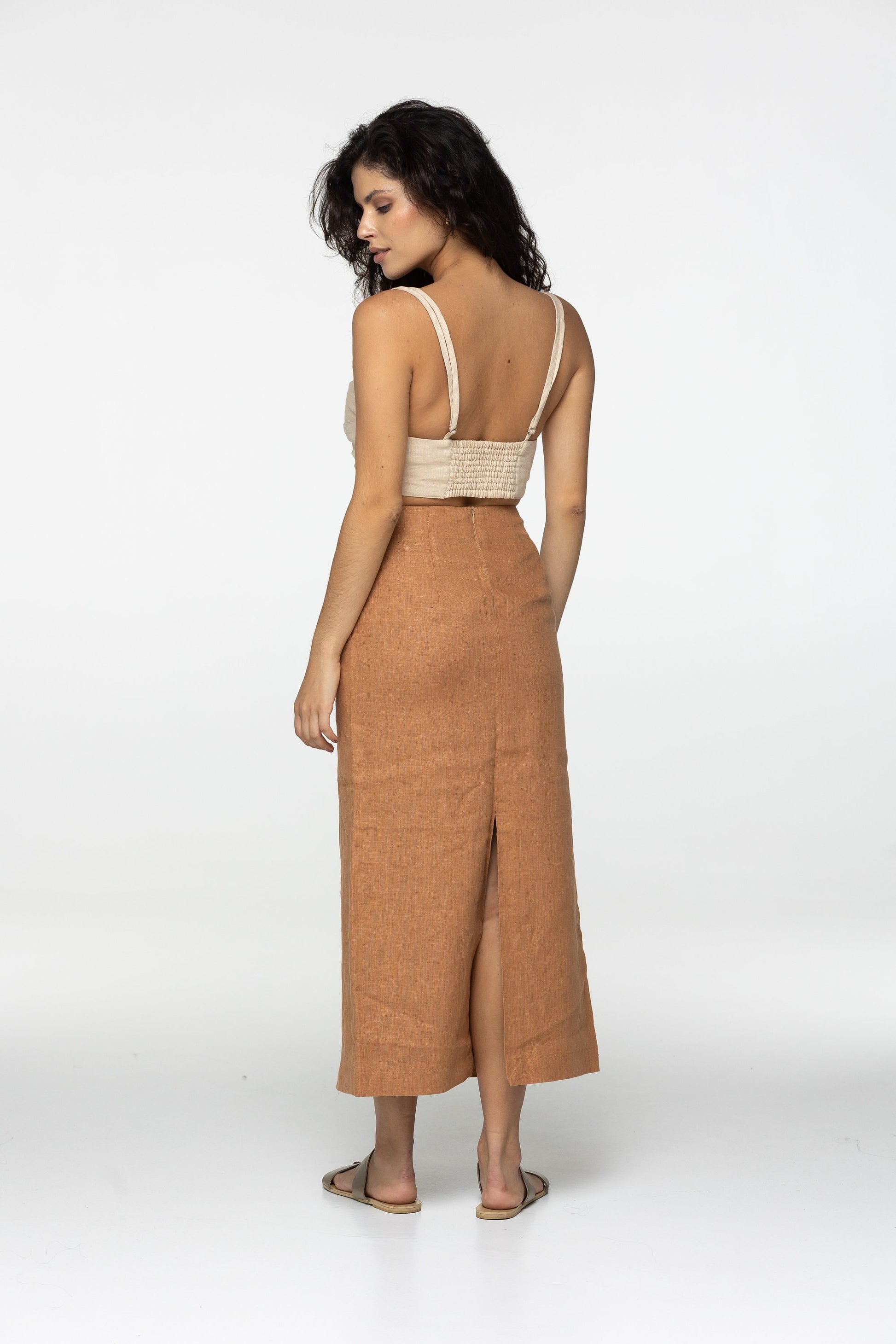 Fitted almond linen maxi skirt Brigit with zipper Slim high waist office linen skirts with back slit Custom Plus size