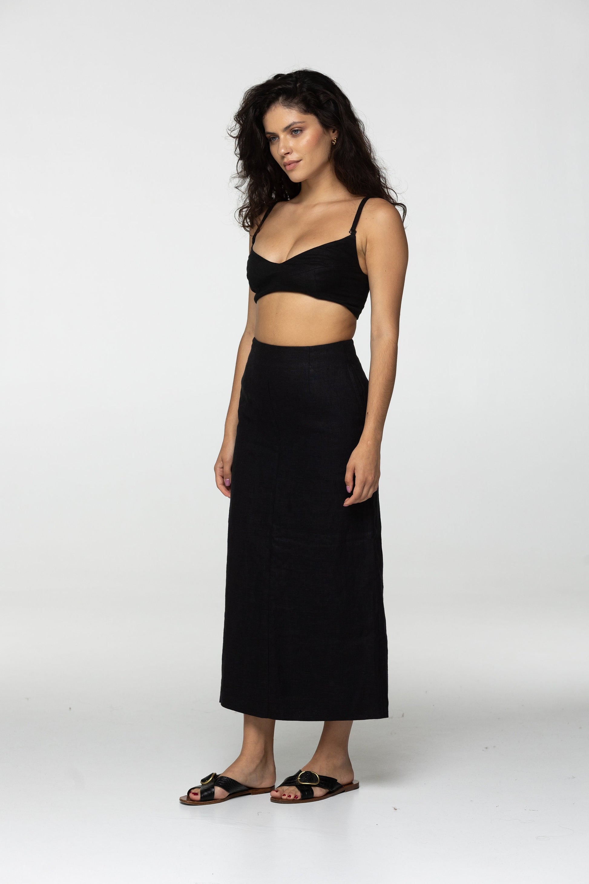 Fitted black linen maxi skirt Brigit with zipper Slim high waist office linen skirts with back slit Custom Plus size