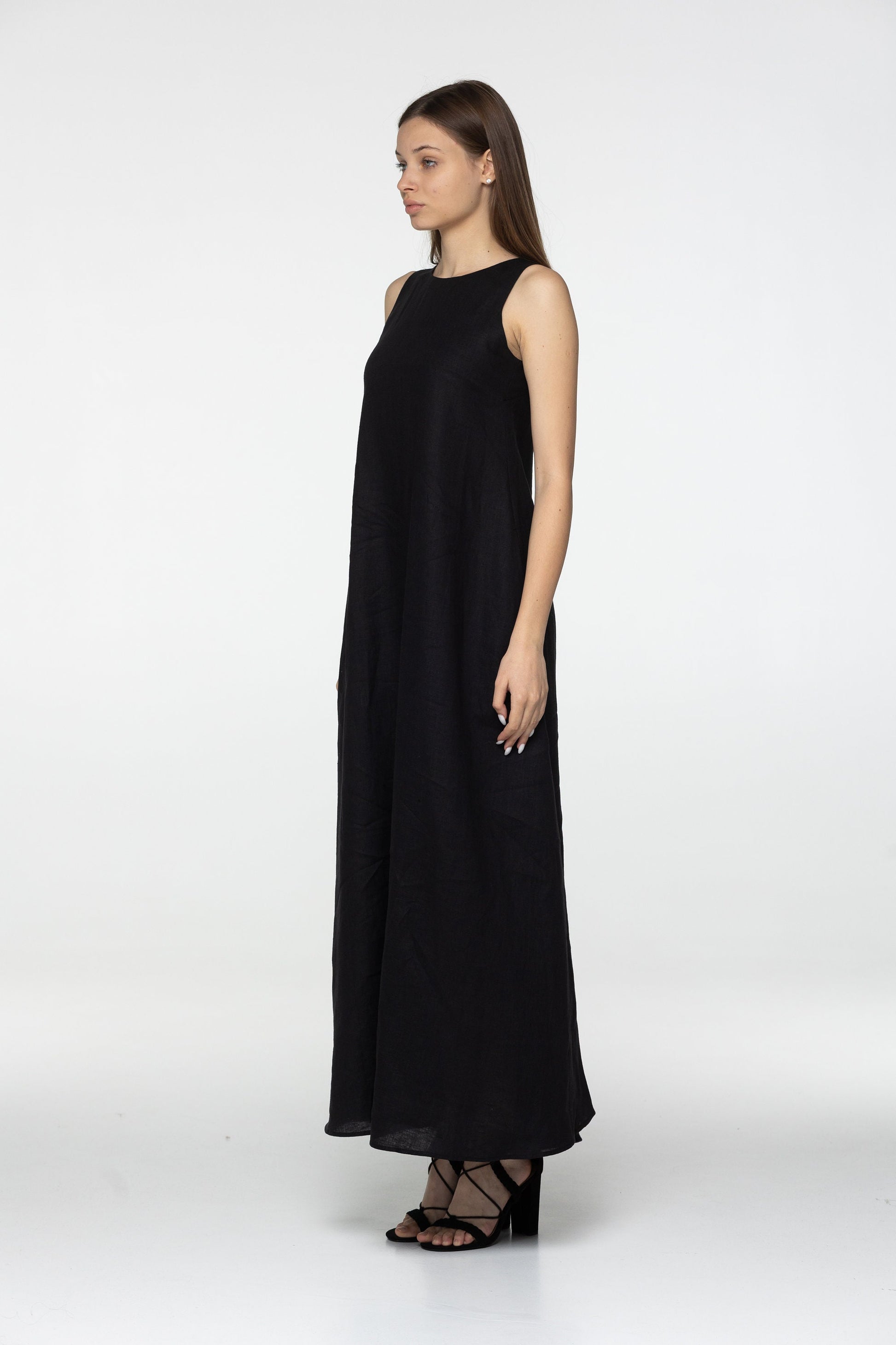 Black linen maxi flare dress Alice Black long simple loose dress Simple basic summer dress Minimalist casual pure linen dress Custom size