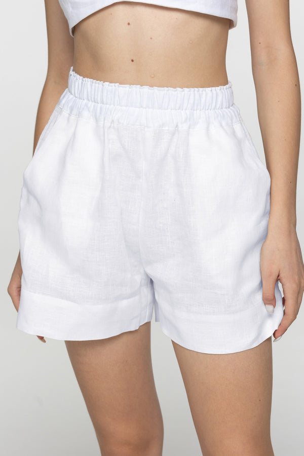 White linen high waist mini shorts