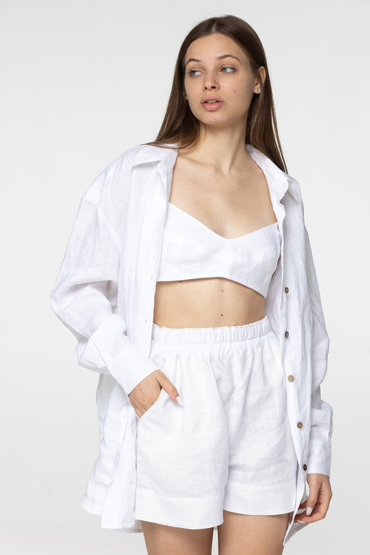 White linen high waist mini shorts