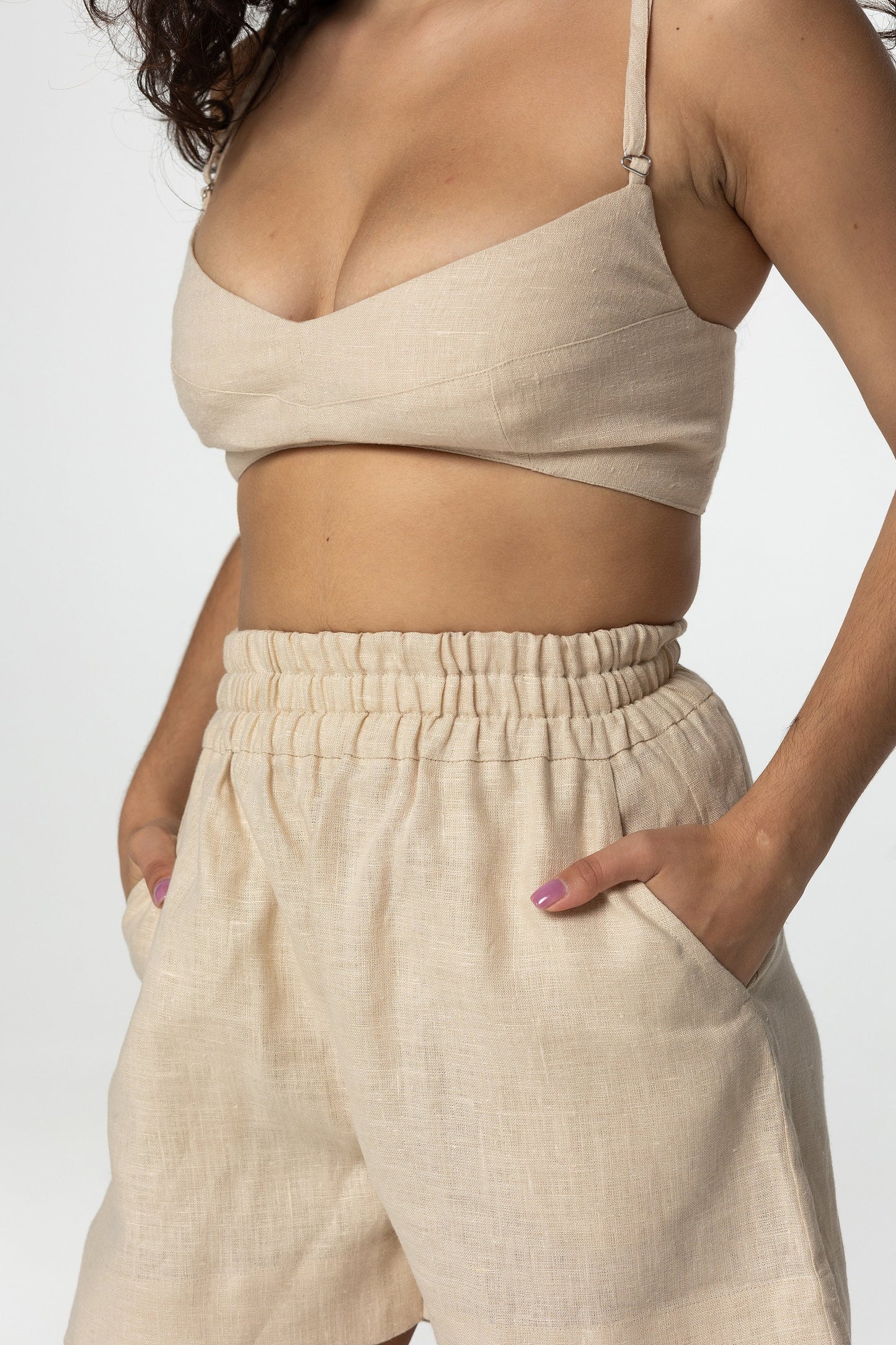 Oat linen high waist mini shorts Regina Summer short relaxed fit shorts Elastic waist Shorts with pockets Wide leg Custom sizes