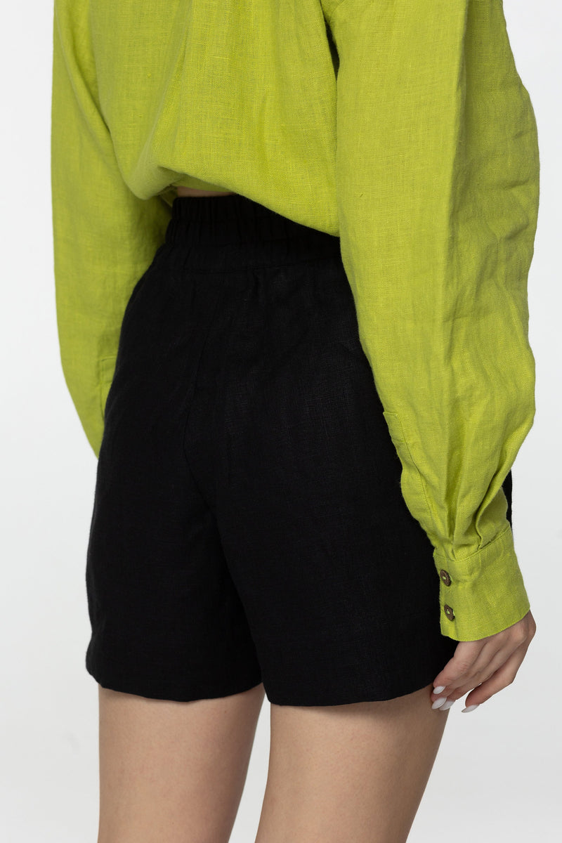 Black linen high waist mini shorts