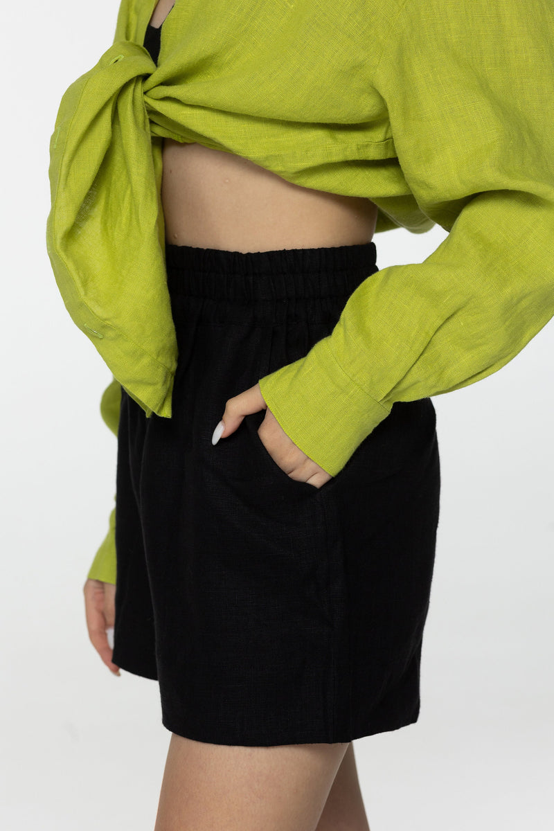Black linen high waist mini shorts