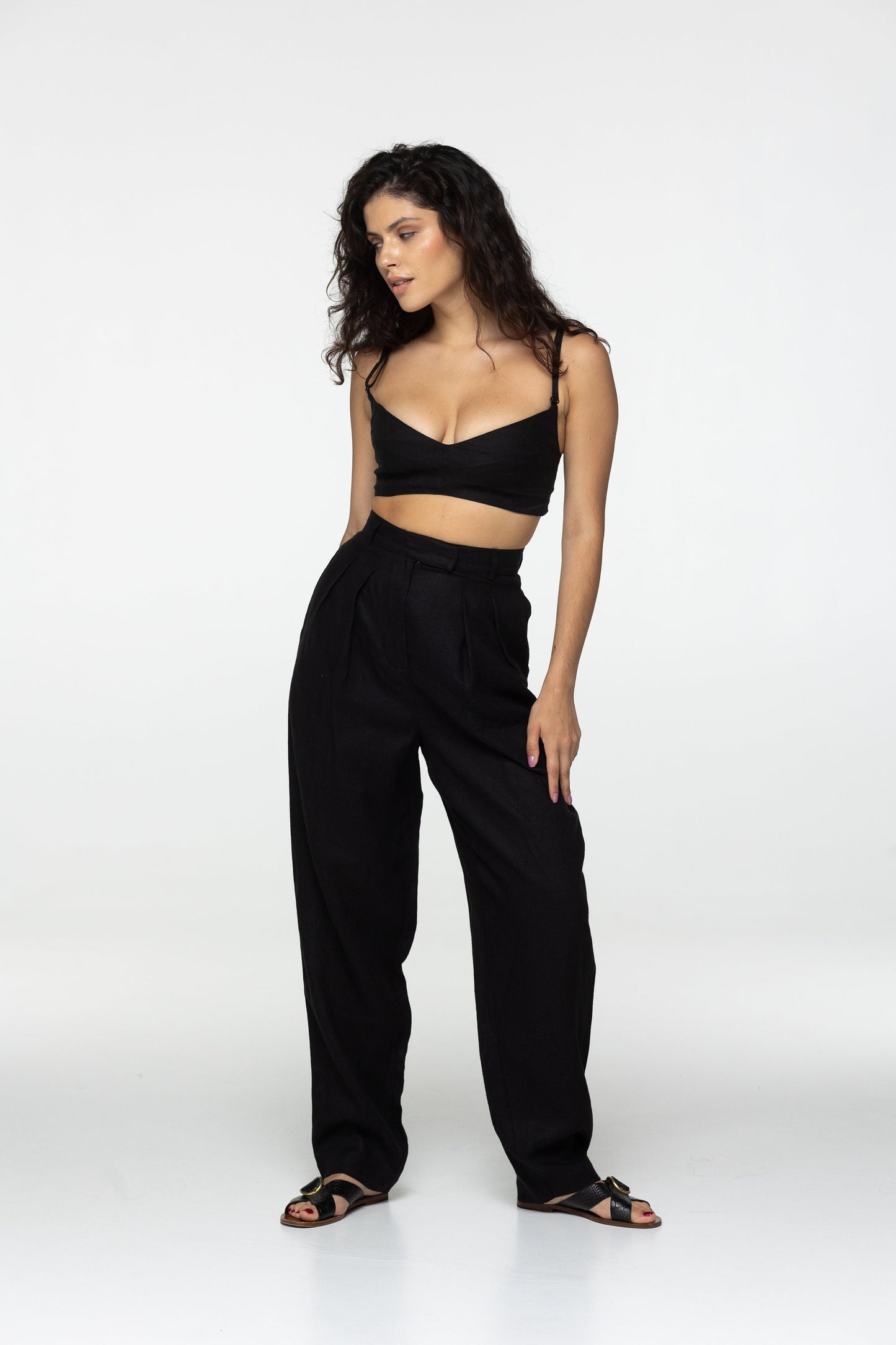 Black linen high waist pleated trouser pants Daria Classic office ігше linen pants with pockets and zipper Wide straight leg Custom sizes