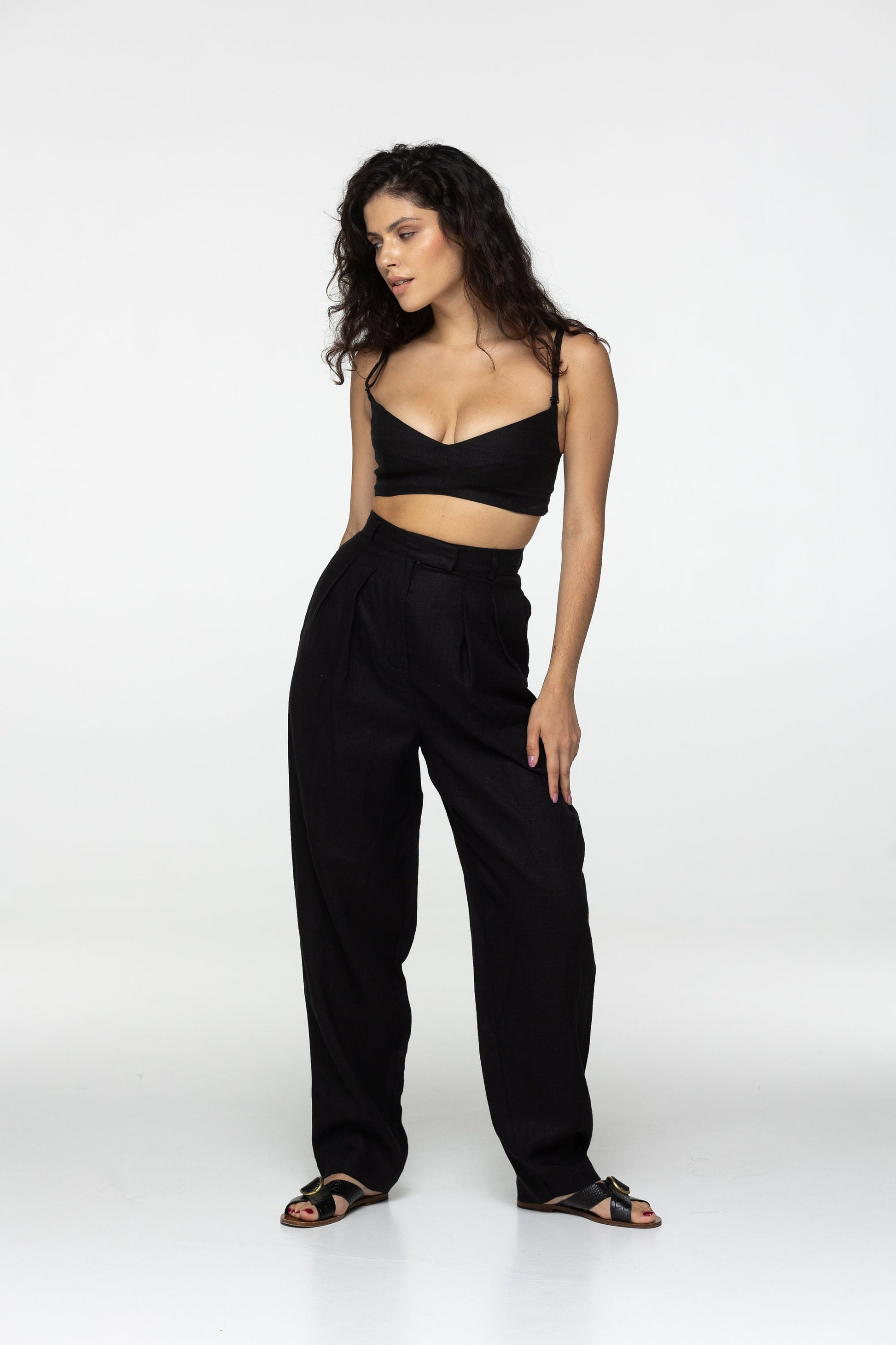 Black linen high waist pleated trouser pants Daria Classic office ігше linen pants with pockets and zipper Wide straight leg Custom sizes