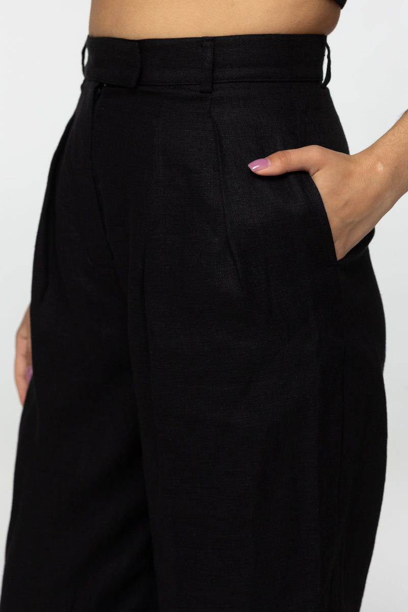 Black linen high waist pleated trouser pants Daria