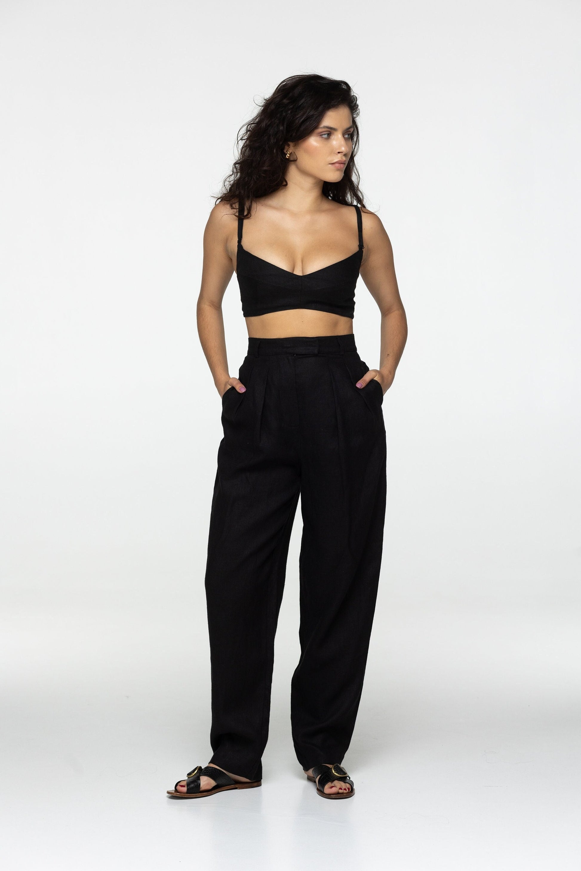 Black linen high waist pleated trouser pants Daria Classic office ігше linen pants with pockets and zipper Wide straight leg Custom sizes