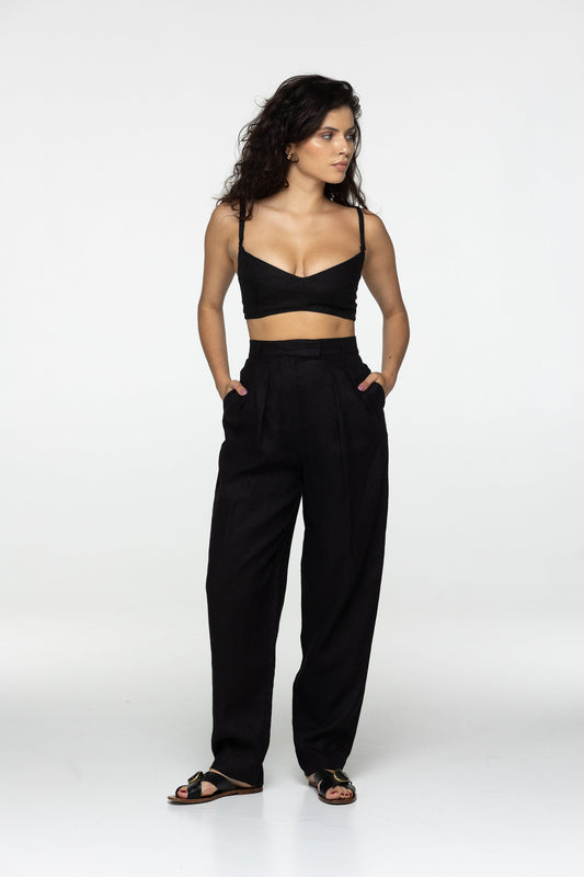 Black linen high waist pleated trouser pants Daria Classic office ігше linen pants with pockets and zipper Wide straight leg Custom sizes