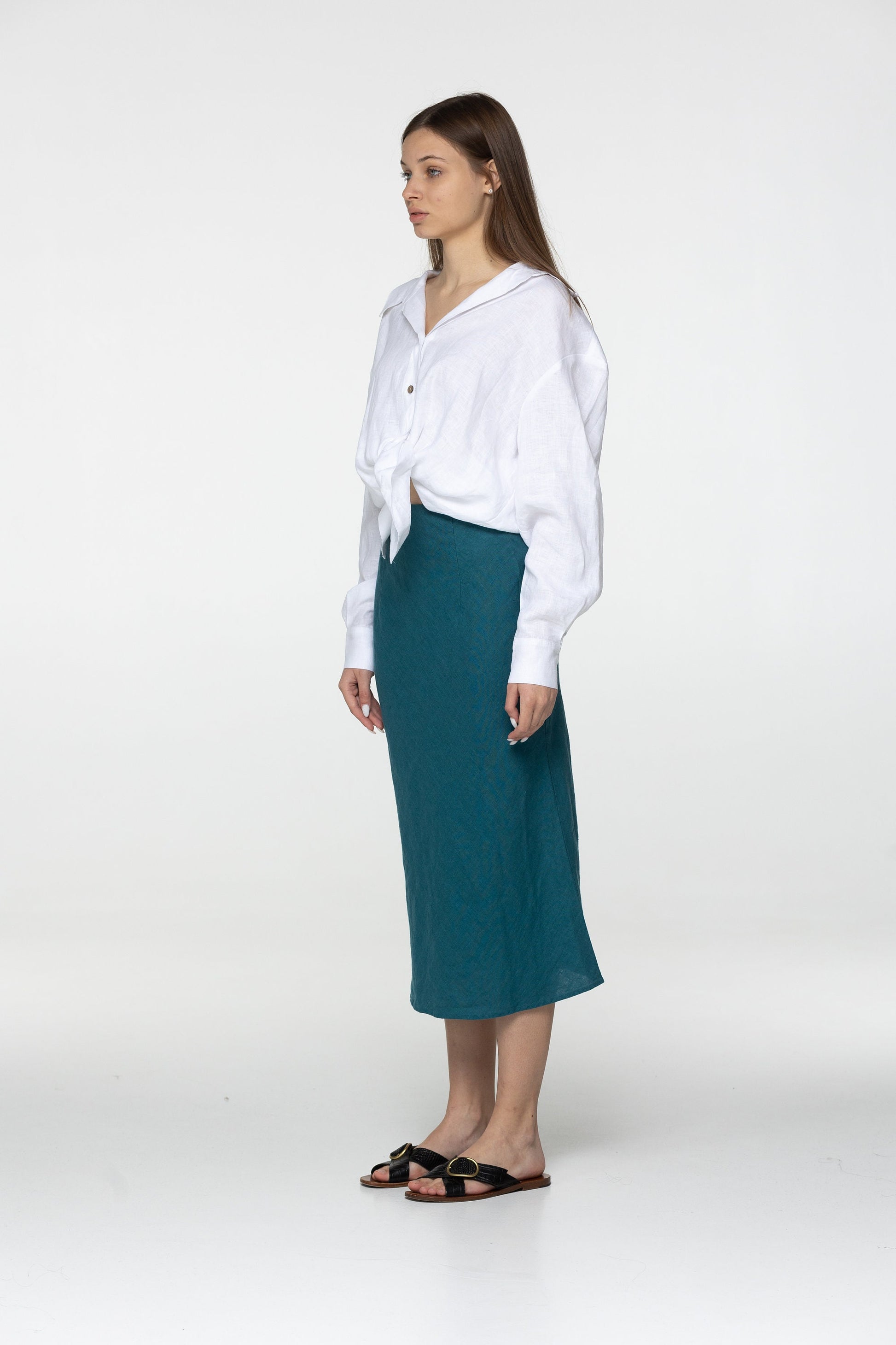 Fit teal linen midi skirt Gloria Summer skirt with elastic waistband and lining High waist office linen skirts Custom Plus size