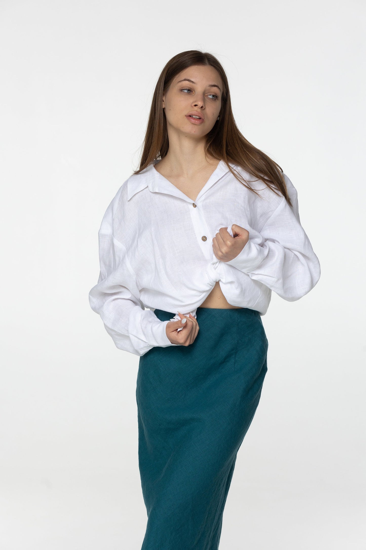 Fit teal linen midi skirt Gloria Summer skirt with elastic waistband and lining High waist office linen skirts Custom Plus size