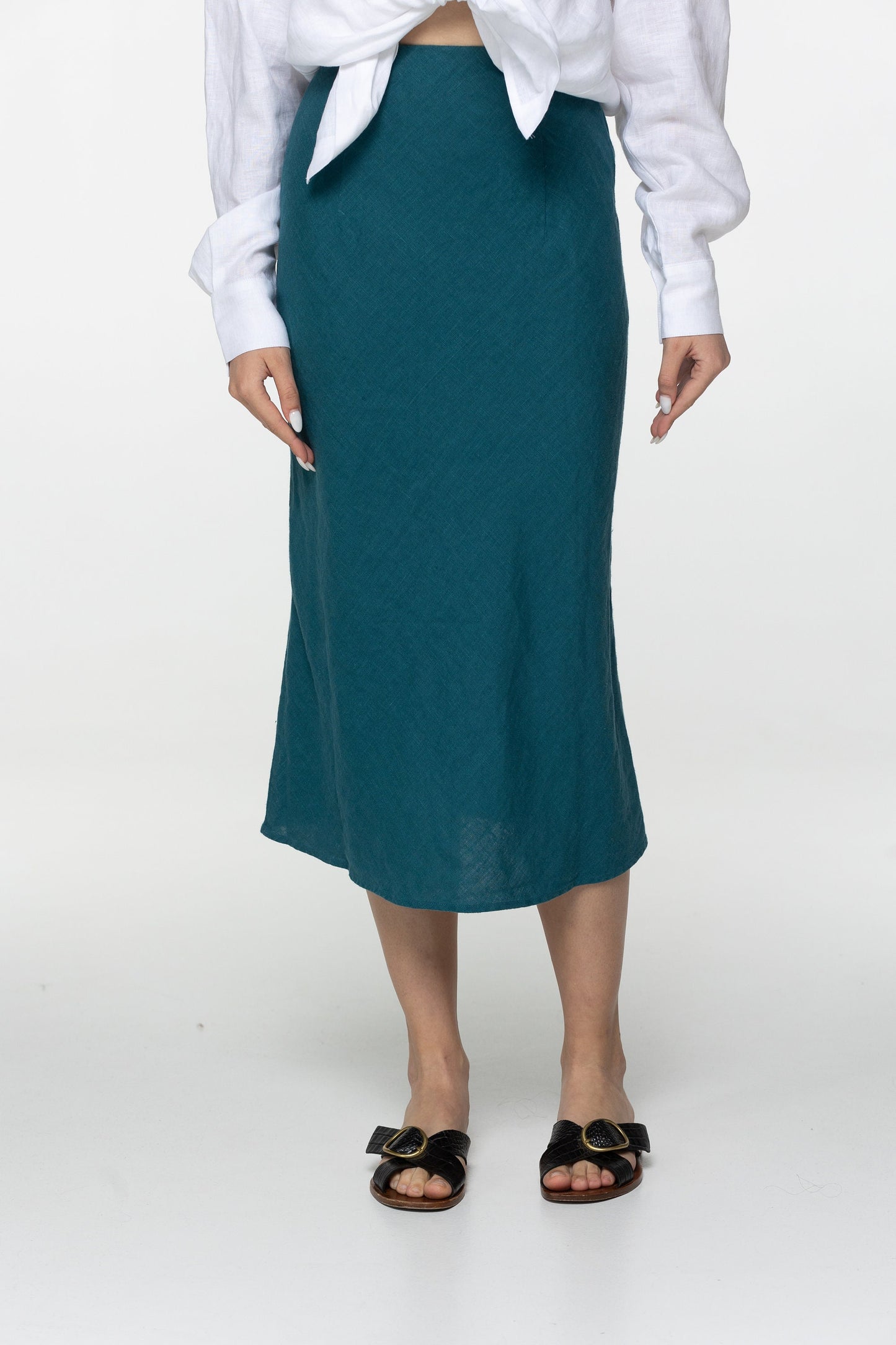Fit teal linen midi skirt Gloria Summer skirt with elastic waistband and lining High waist office linen skirts Custom Plus size