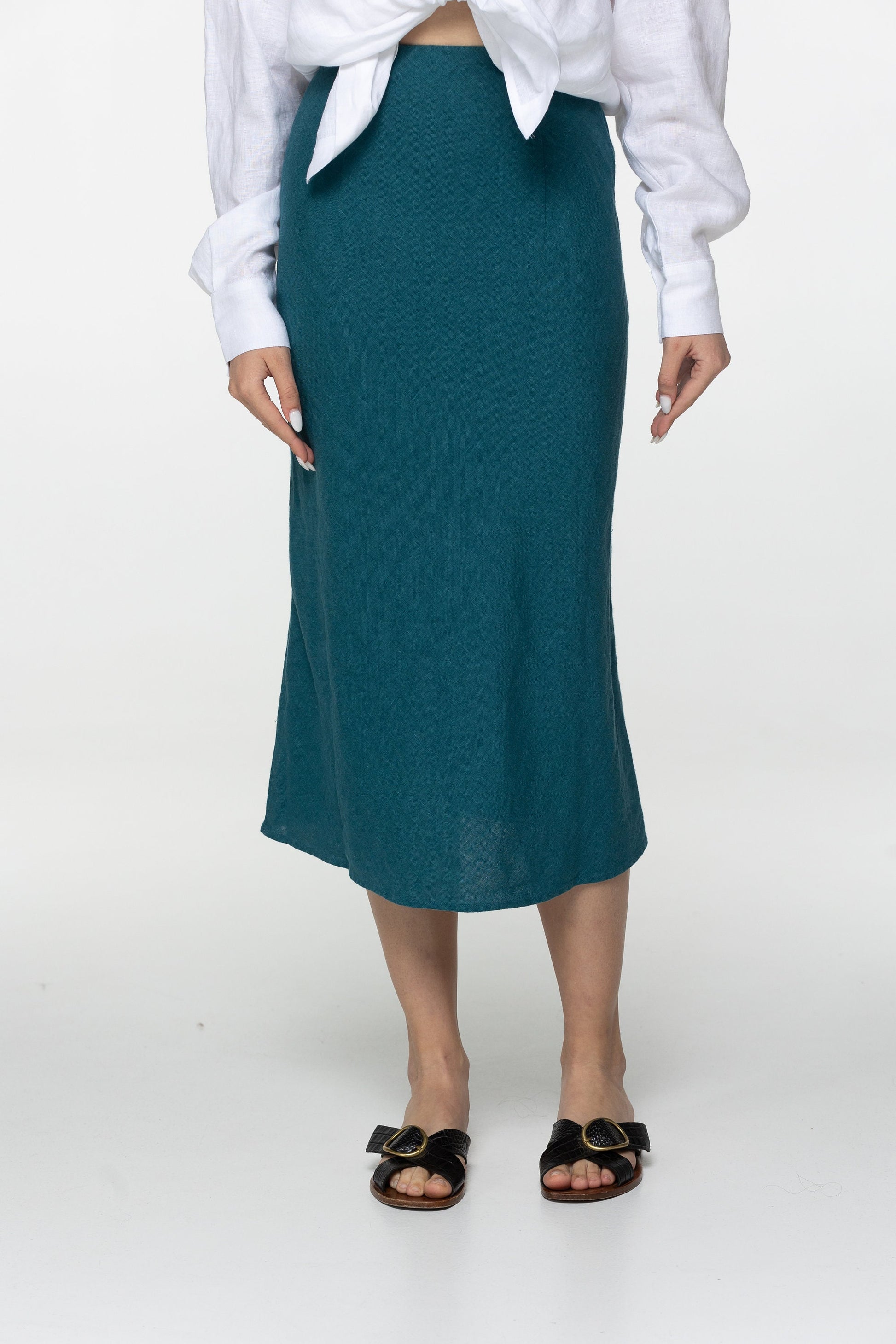 Fit teal linen midi skirt Gloria Summer skirt with elastic waistband and lining High waist office linen skirts Custom Plus size