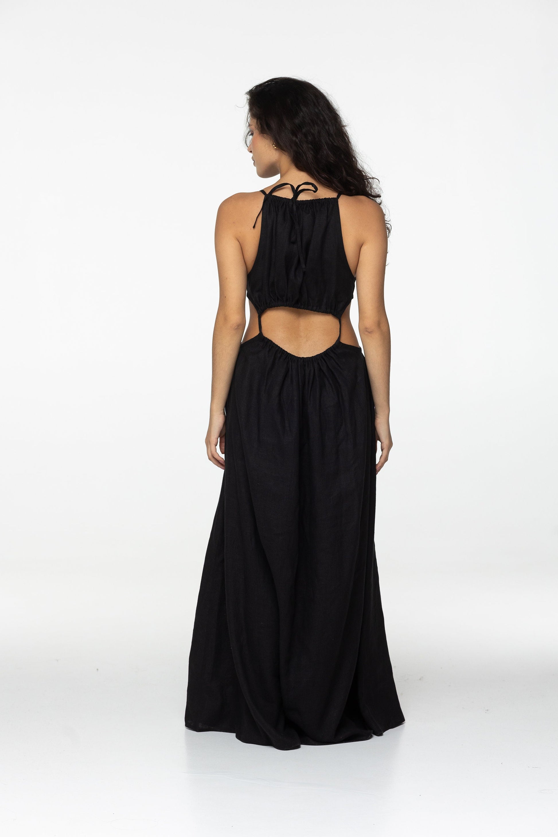 Black linen dress Eve Goddess open back long linen dress with ties Burning man festival romantic black linen Coachella dress Custom size