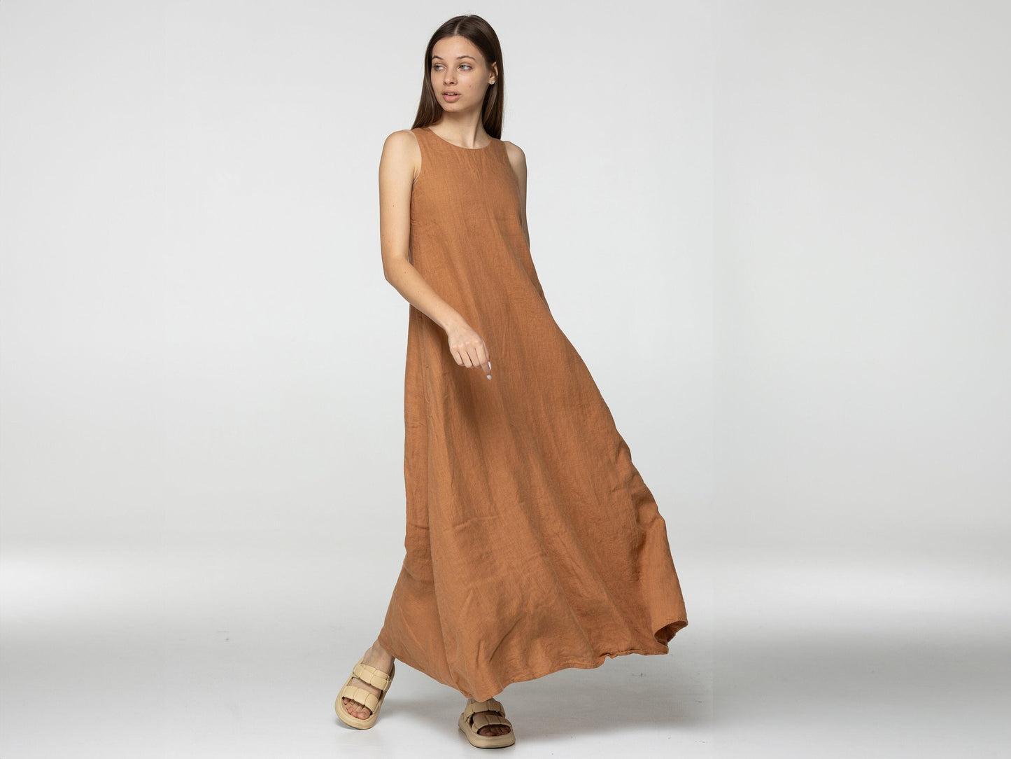 Almond linen maxi flare dress Alice